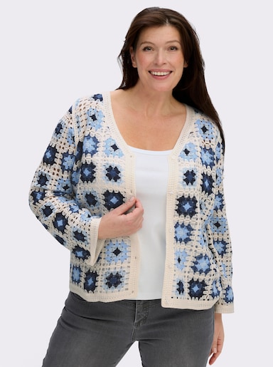 Strickjacke in Häkel-Optik - ecru-jeansblau