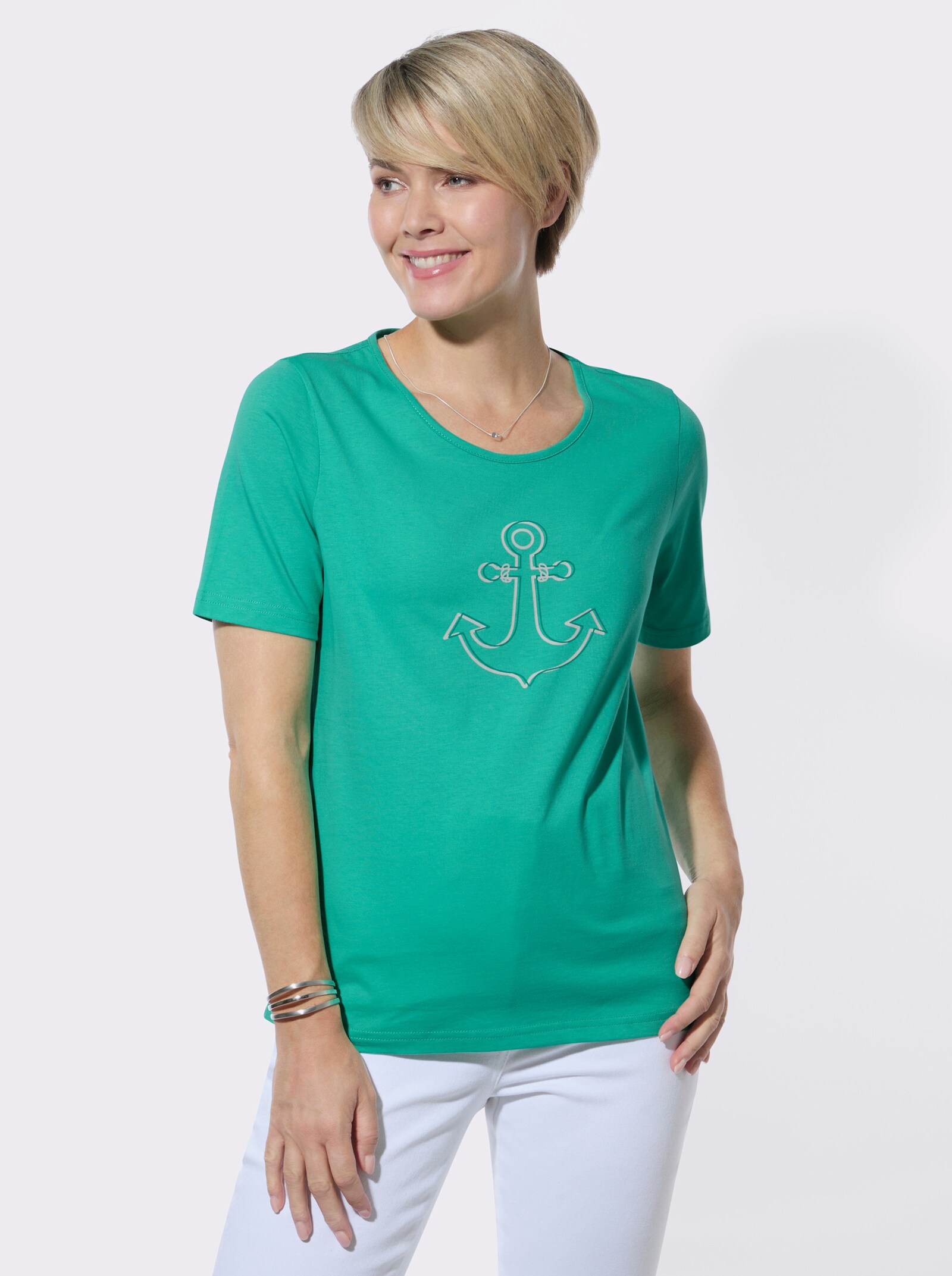 Rundhalsshirt mit Frontdruck - blaugrün