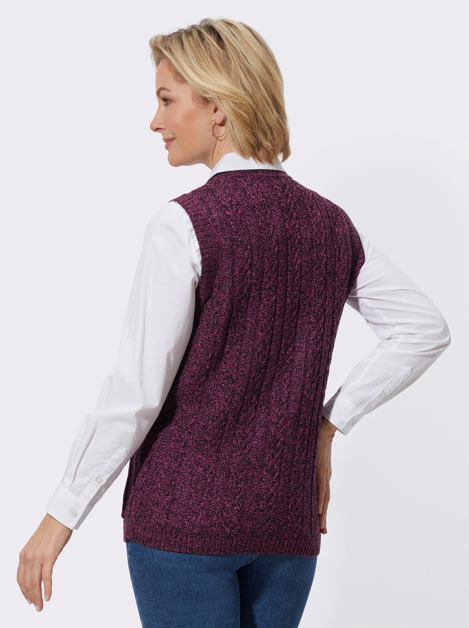 Stickad väst + flätmönster - ljung, melerad