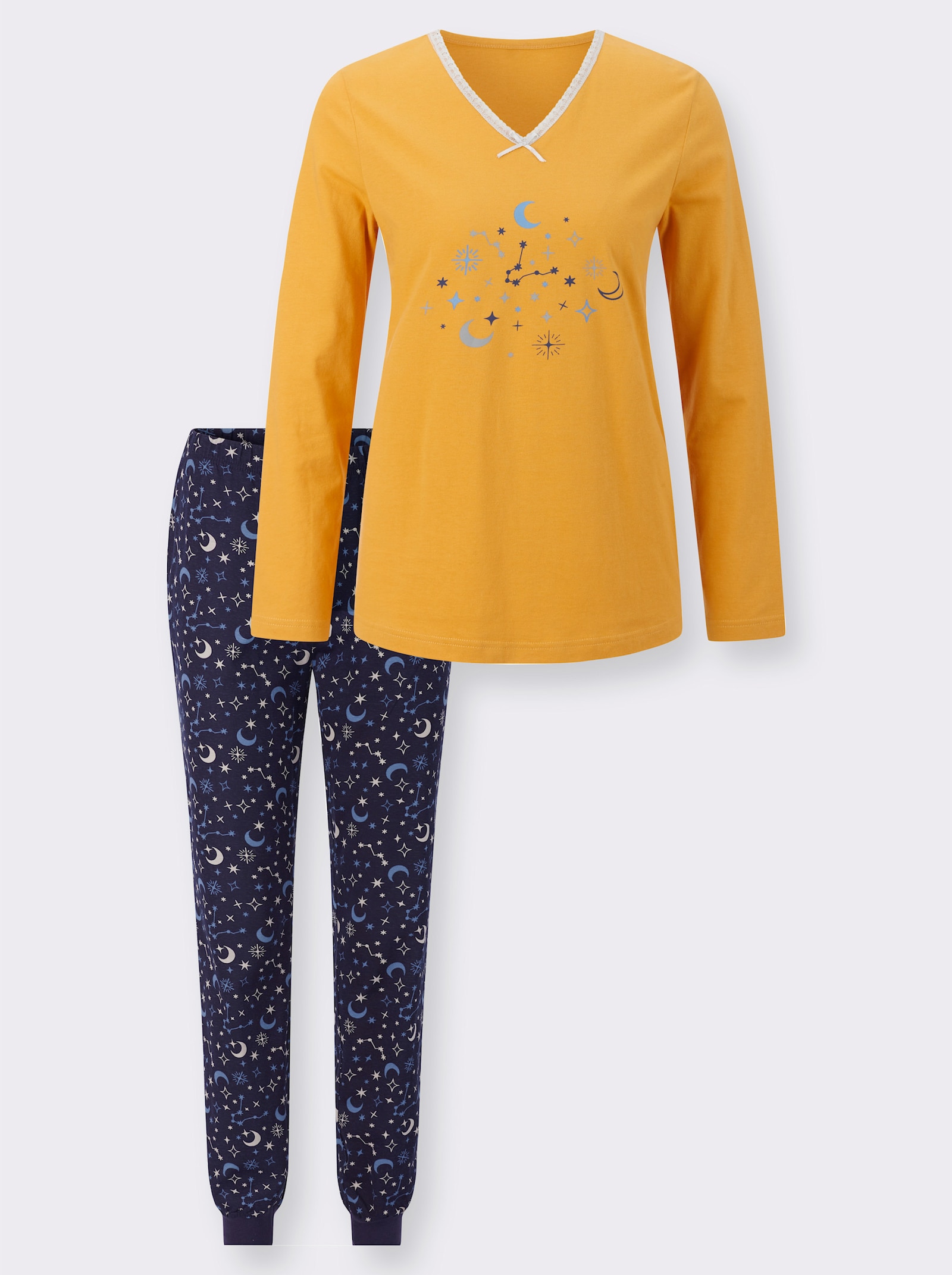 Schlafanzug mit Spitze am Ausschnitt - ocker-marine-bedruckt