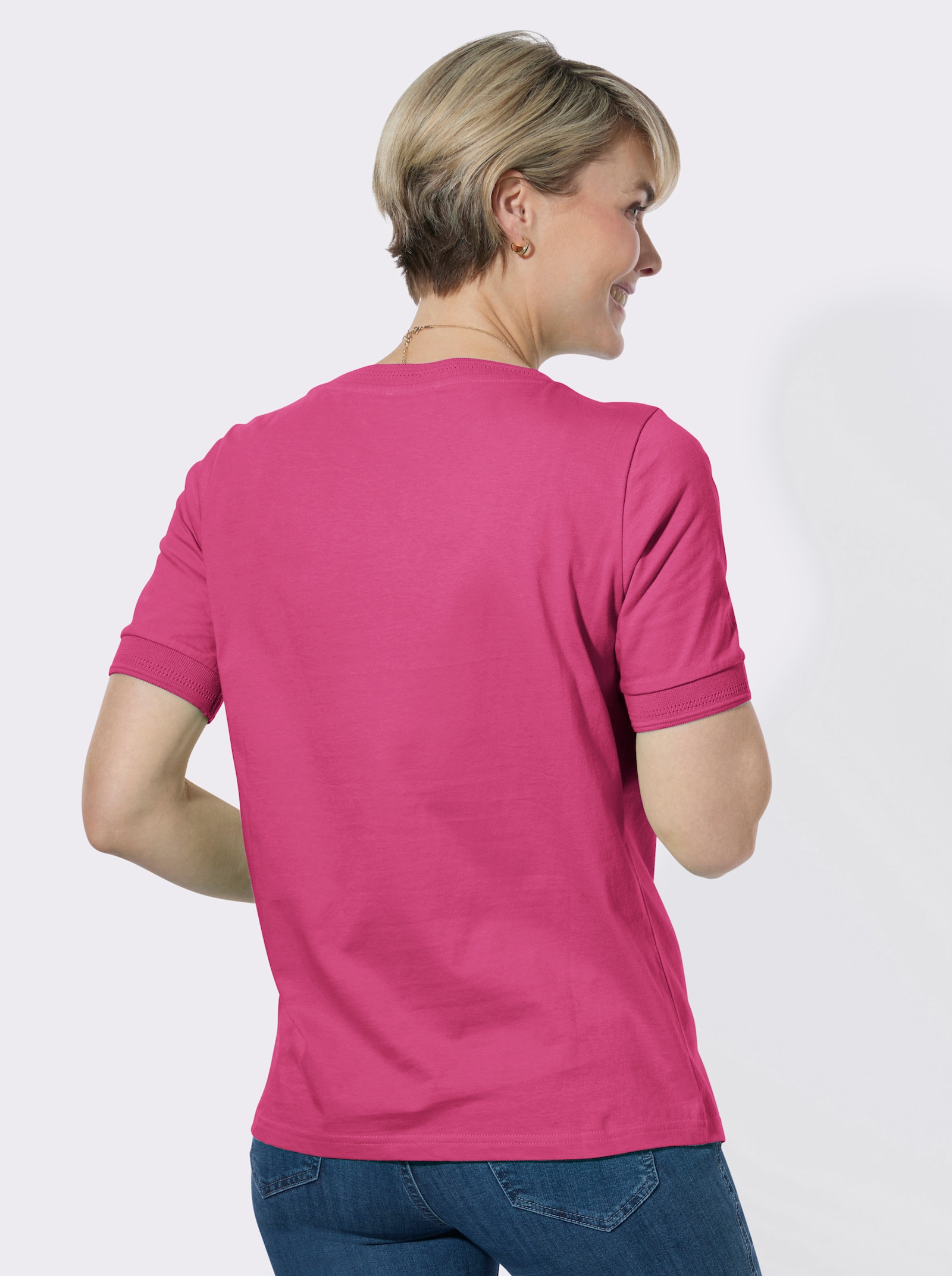 Rundhalsshirt mit Ajourmuster an Kragen und Ärmeln - fuchsia