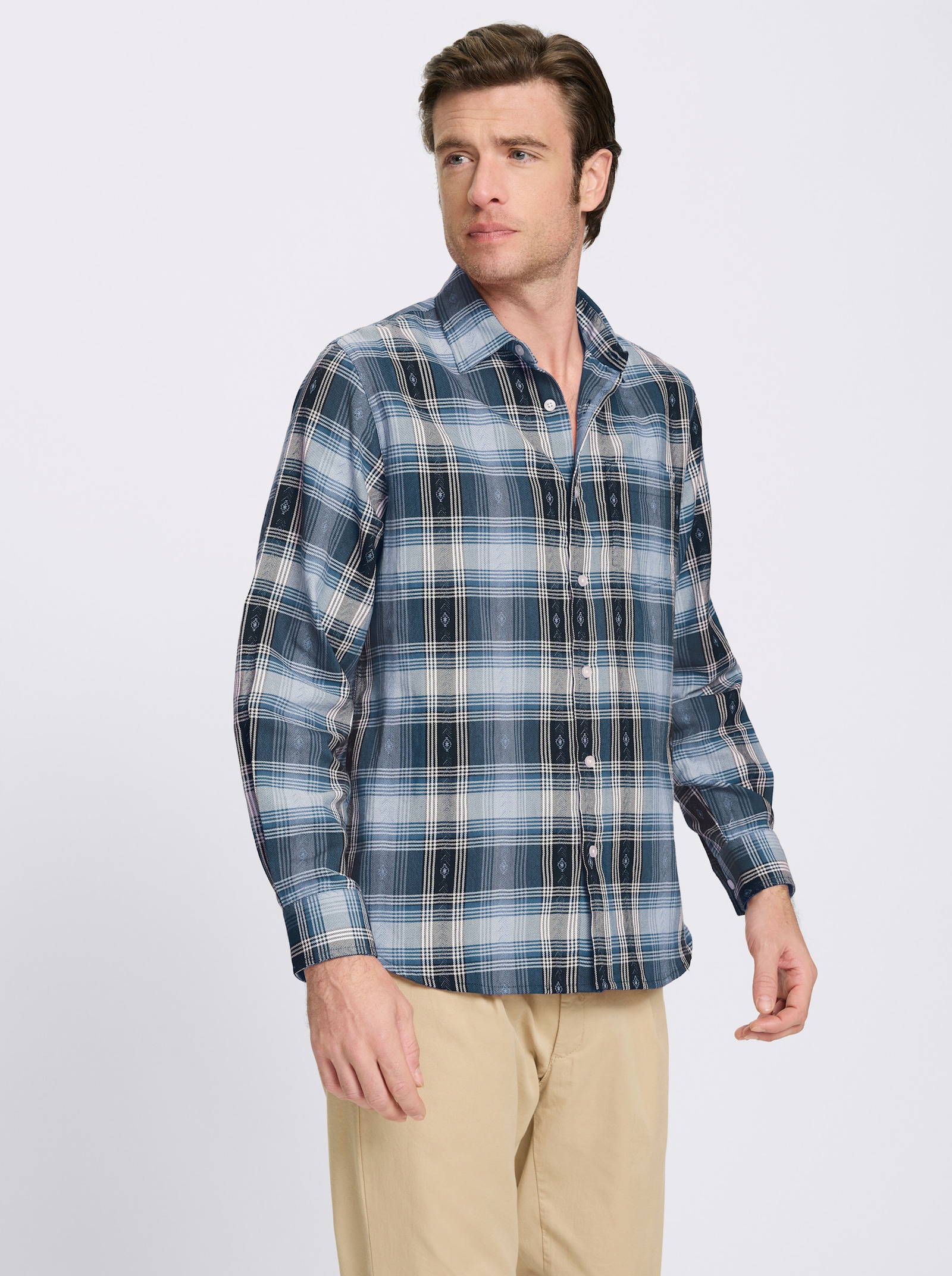 Catamaran Langarmhemd mit Tracht-Elementen - rauchblau-kariert