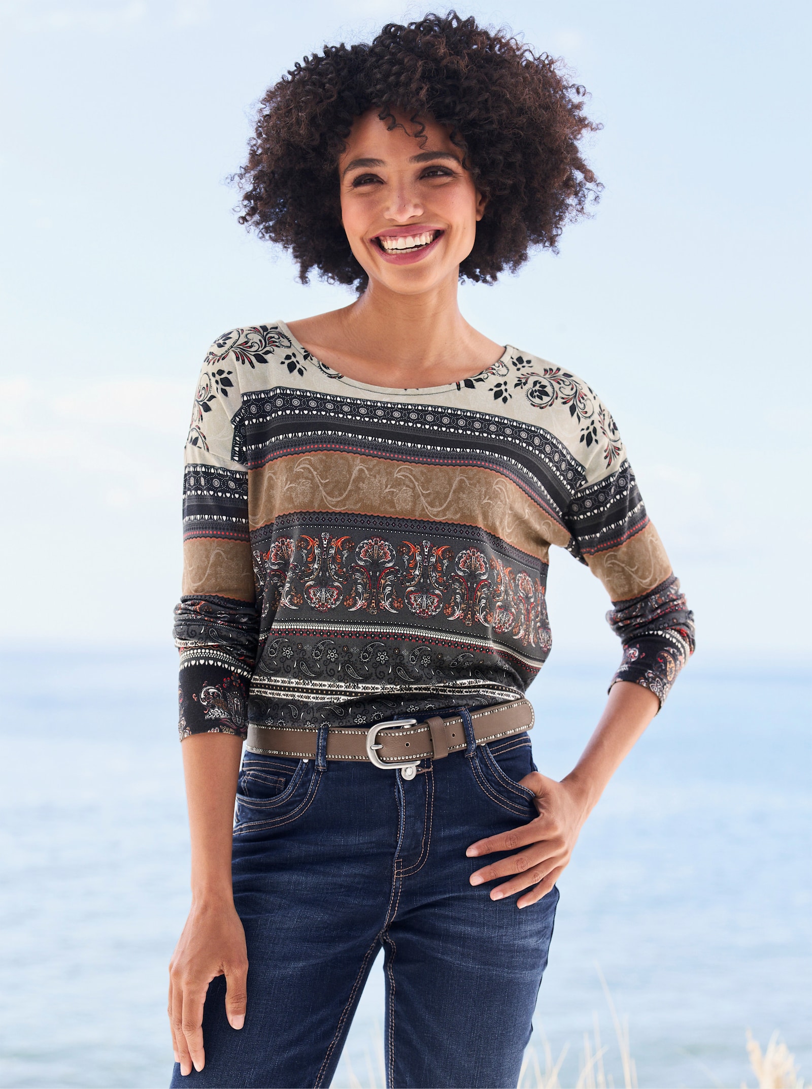 heine Shirt met lange mouwen en paisley- en bloemenprint - bruin/pink bedrukt