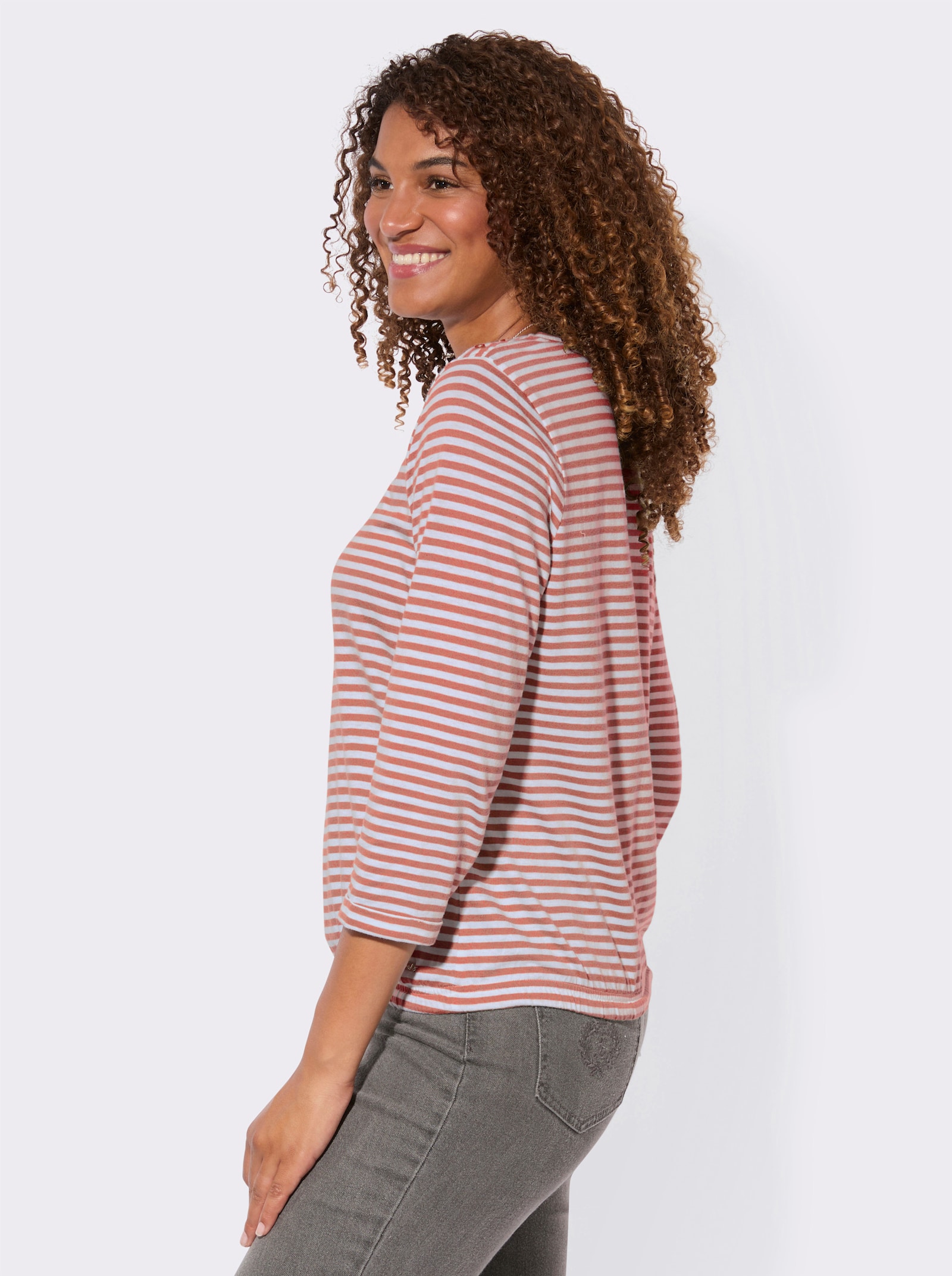 3/4-Arm-Shirt mit Kordel im Saum - papaya-weiß-geringelt