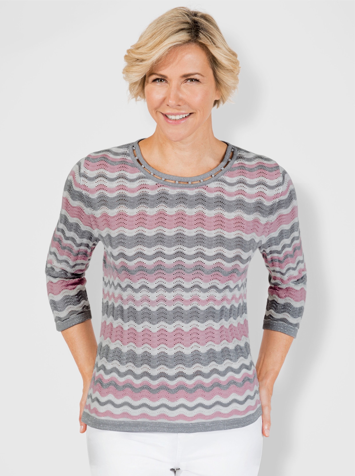 3/4 Arm-Pullover - rosé-steingrau-geringelt