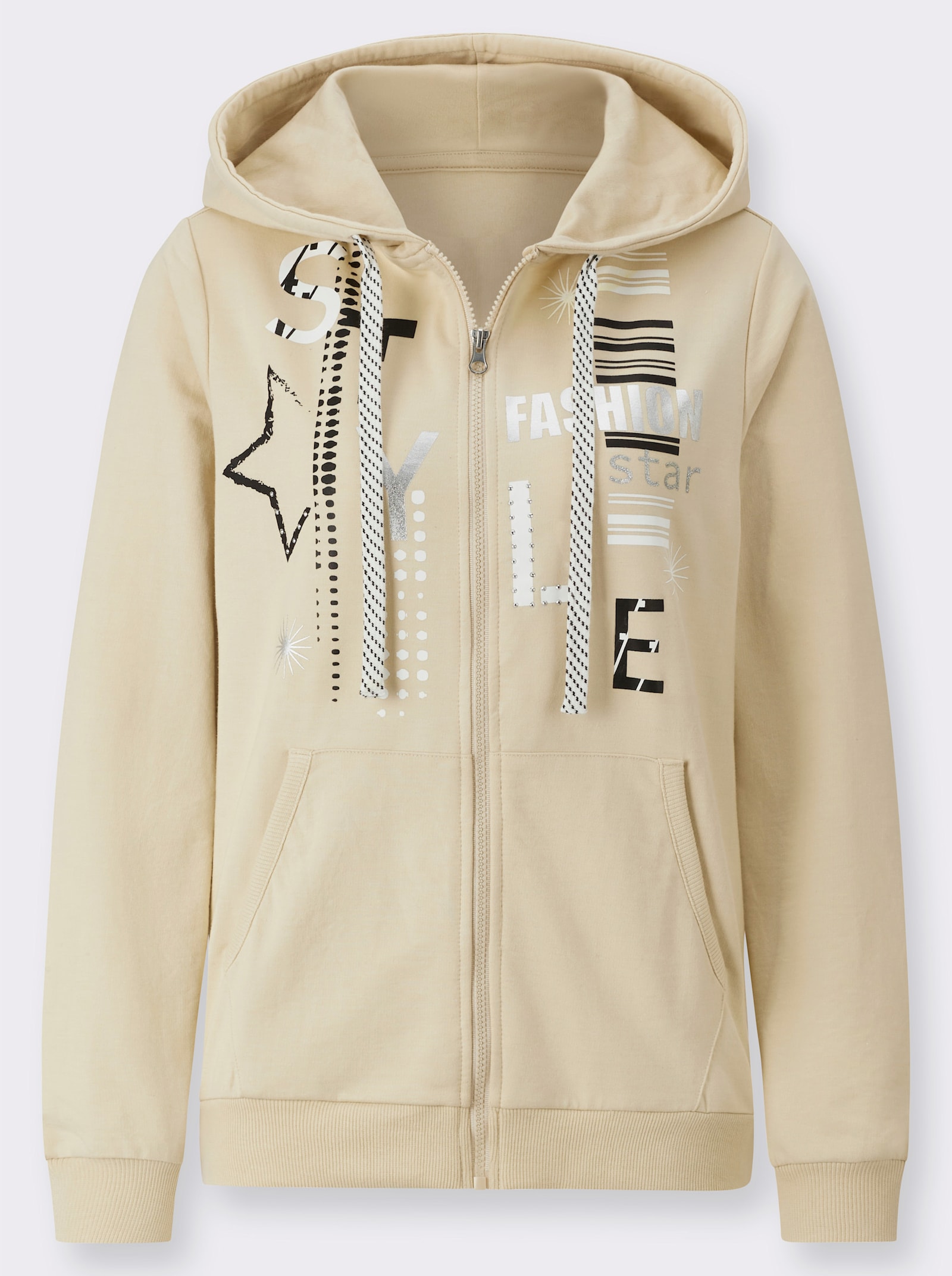 Sweatjacke mit Druck und Glitzersteinchen - sand