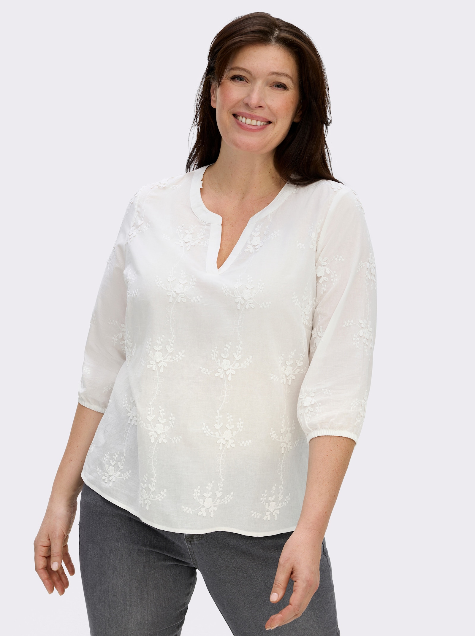 Baumwollbluse mit 3D-Blütenstickerei - ecru