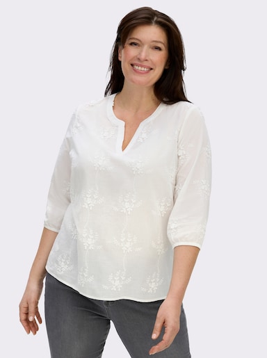 Baumwollbluse mit 3D-Blütenstickerei - ecru