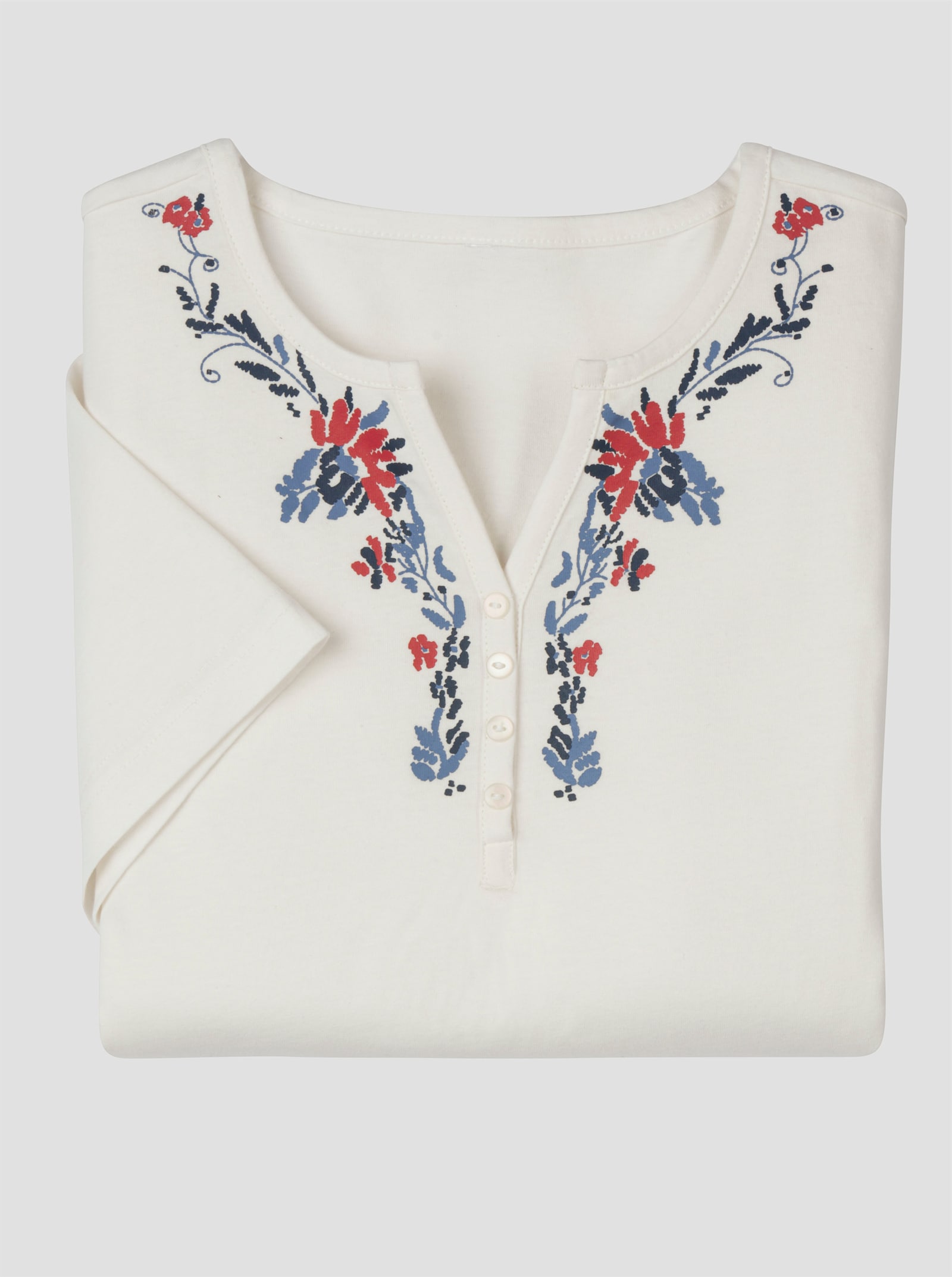 Kurzarmshirt mit platziertem Floral-Print - ecru-rot