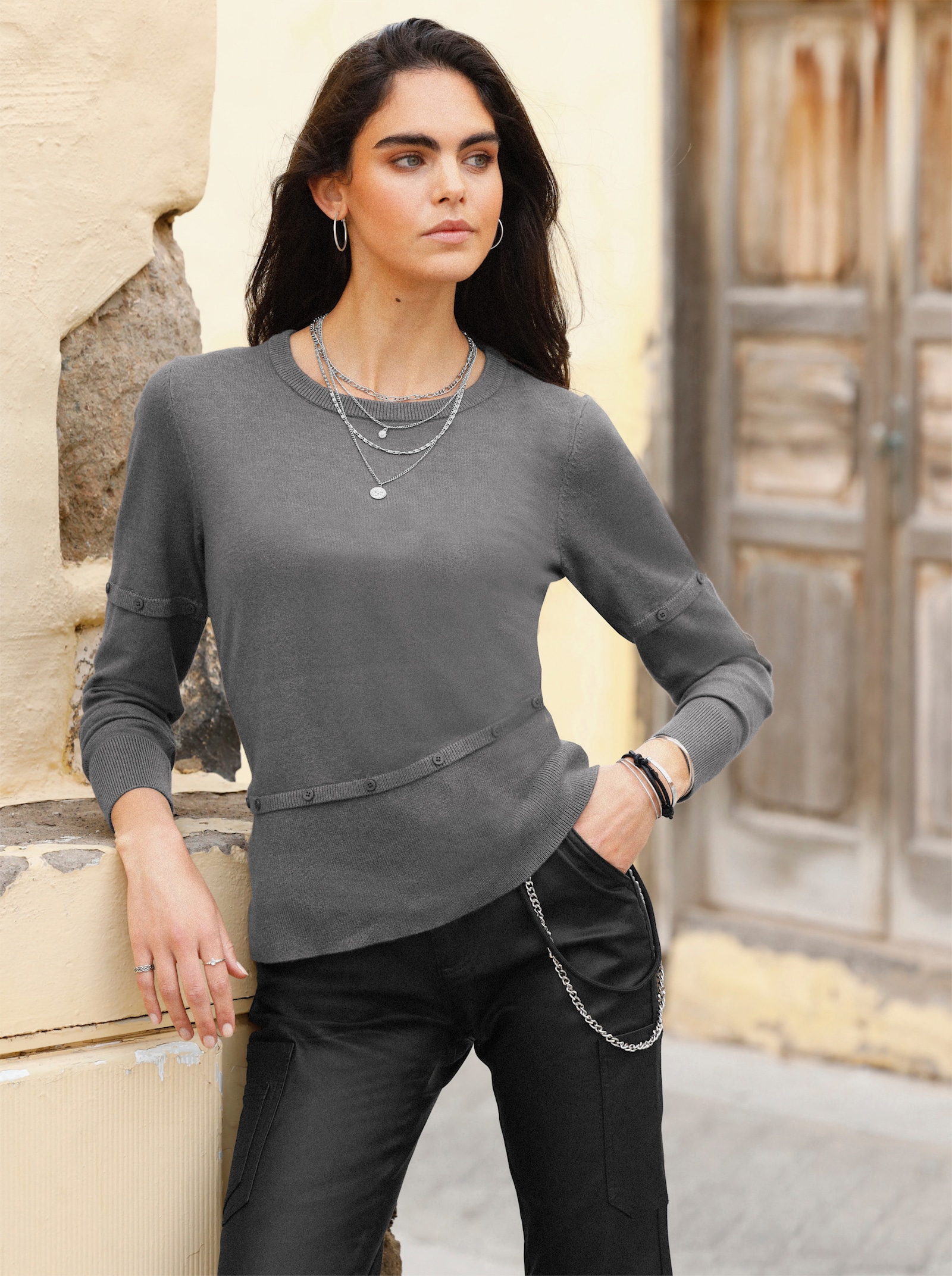 heine 2-in-1-Pullover mit Zierknopfleiste - anthrazit-meliert