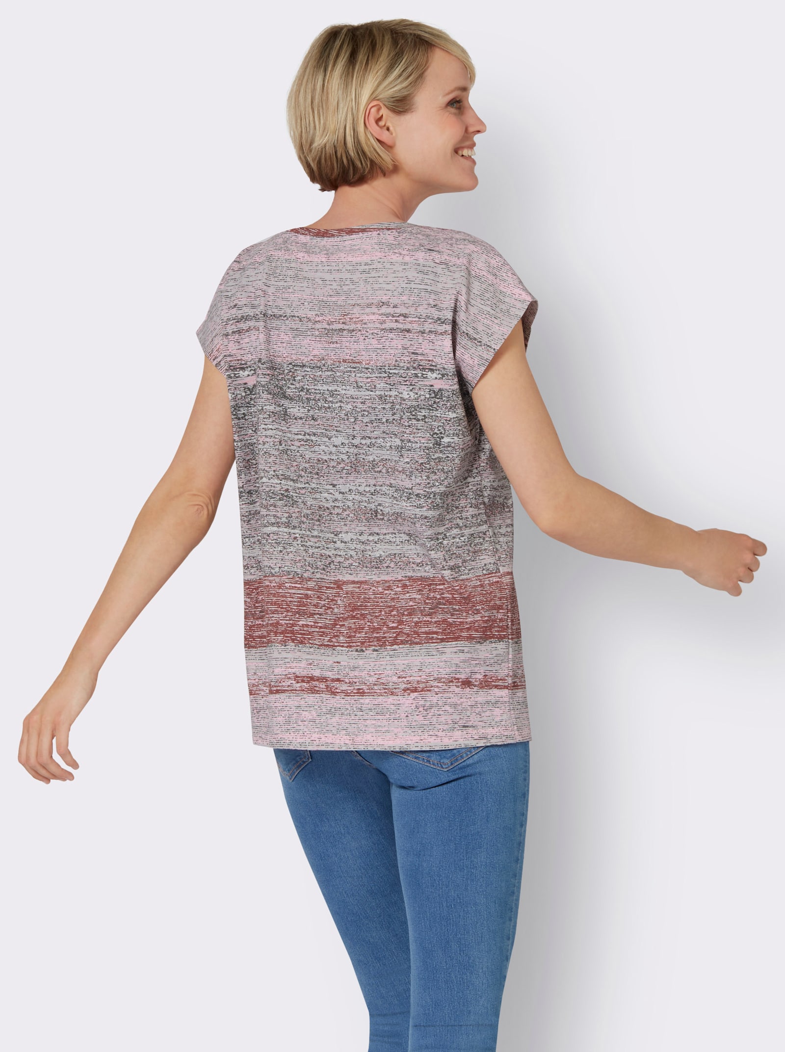 Kurzarmshirt aus reiner Baumwolle - altrosa-schwarz-bedruckt