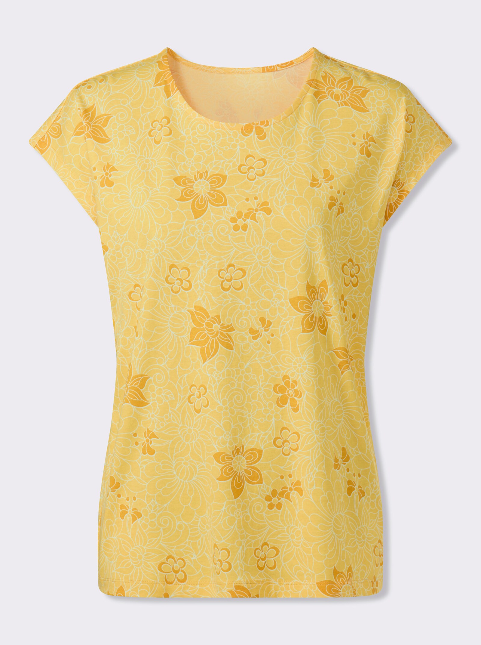 Tričko s krátkým rukávem s květinovým potiskem - žlutá-okrová-potisk