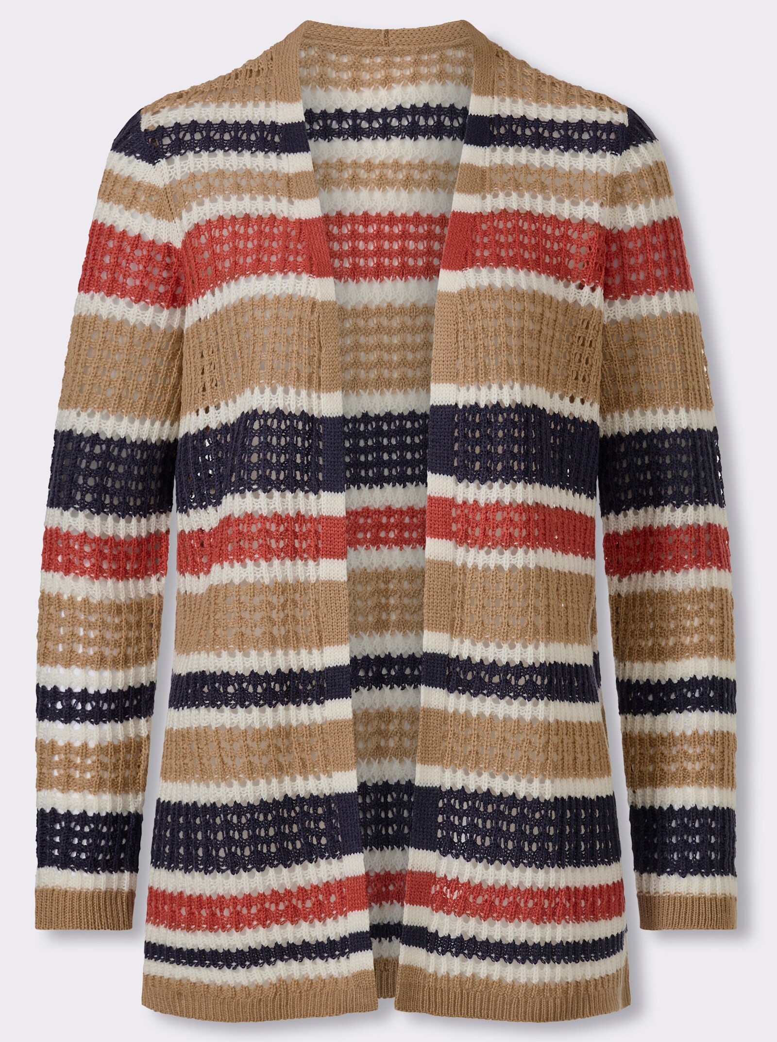Longstrickjacke mit Ajour-Muster und Streifen - camel-ecru-gemustert