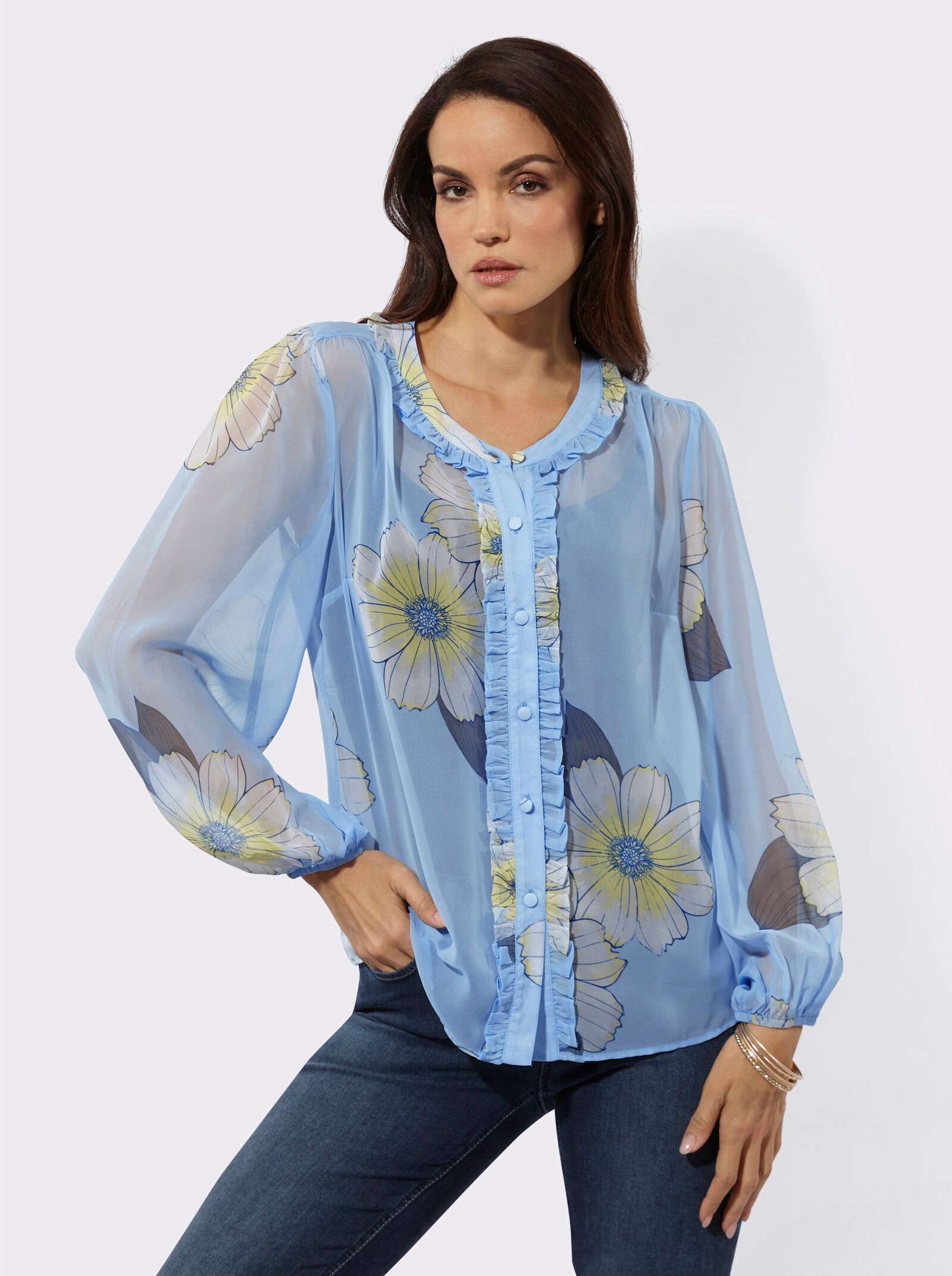 Druckbluse mit romantischen Rüschen - eisblau-ecru-bedruckt