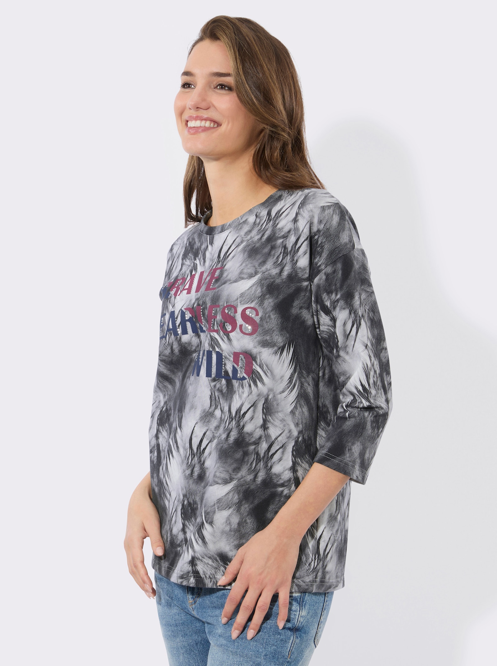 Sweatshirt mit Schriftzug mit Glitzersteinchen - weiß-anthrazit-bedruckt