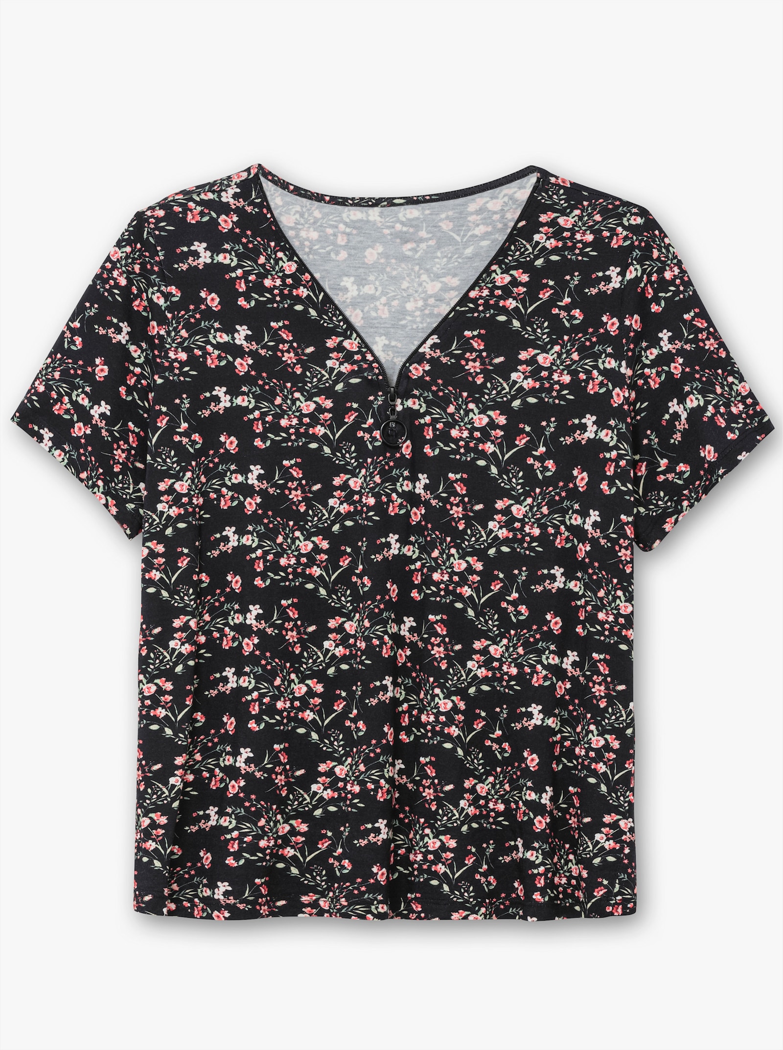 Kurzarmshirt mit Reißverschluss am Ausschnitt - schwarz-hellrosé-gemustert