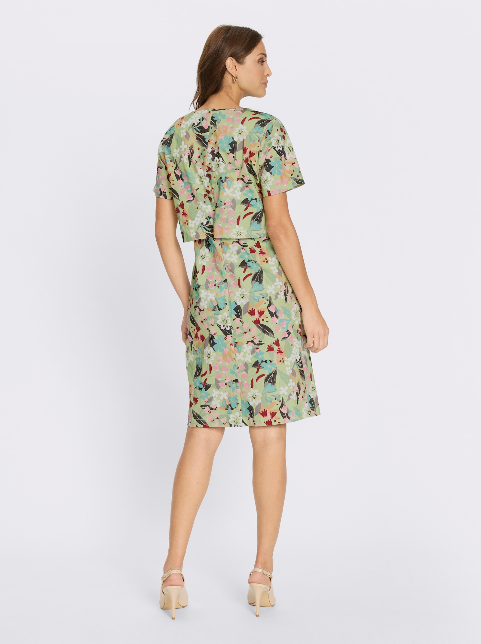 Druckkleid in 2-in-1-Optik - lindgrün-altrosa-bedruckt