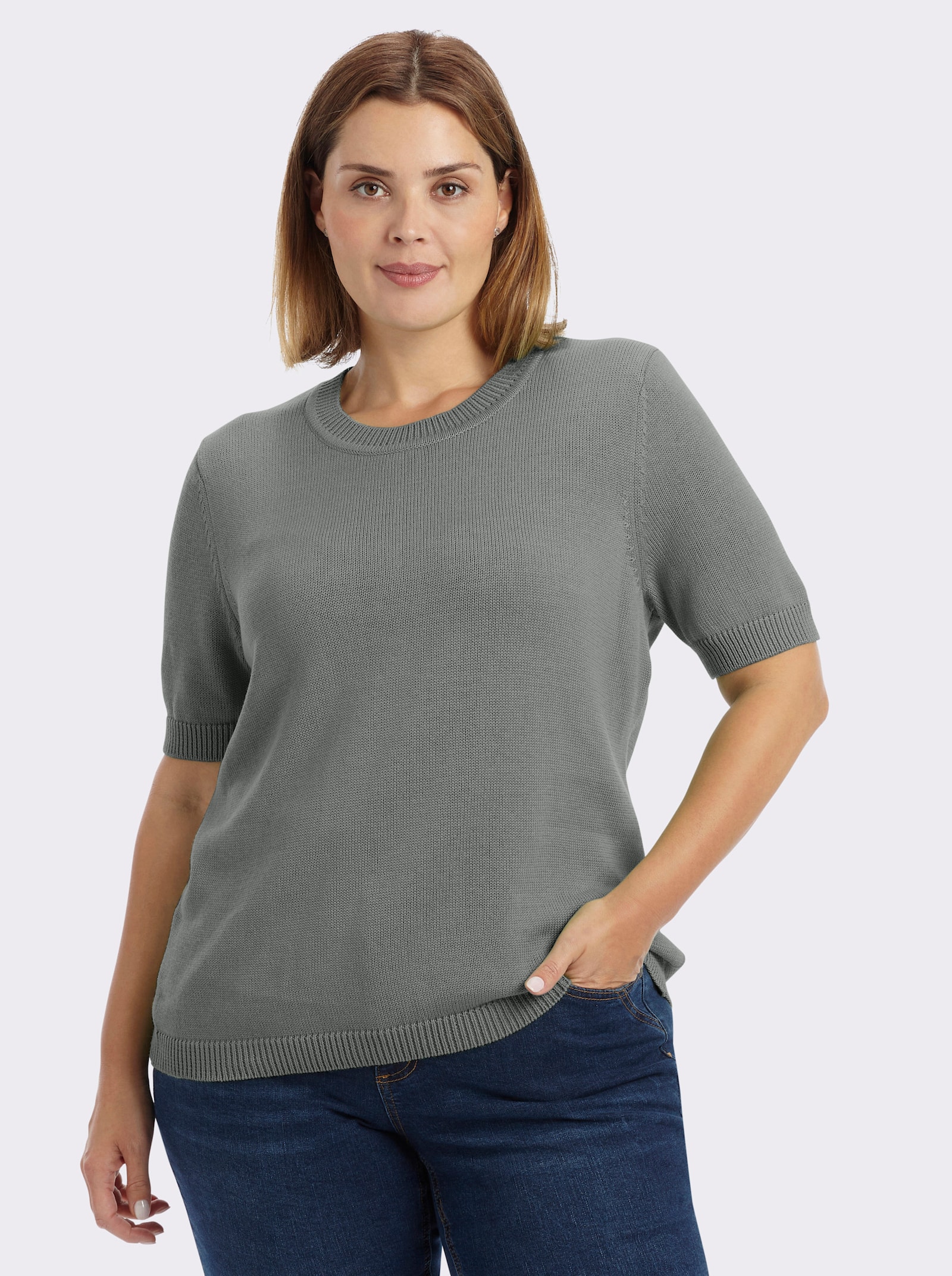 Kurzarmpullover mit Rippabschlüssen - grau-meliert
