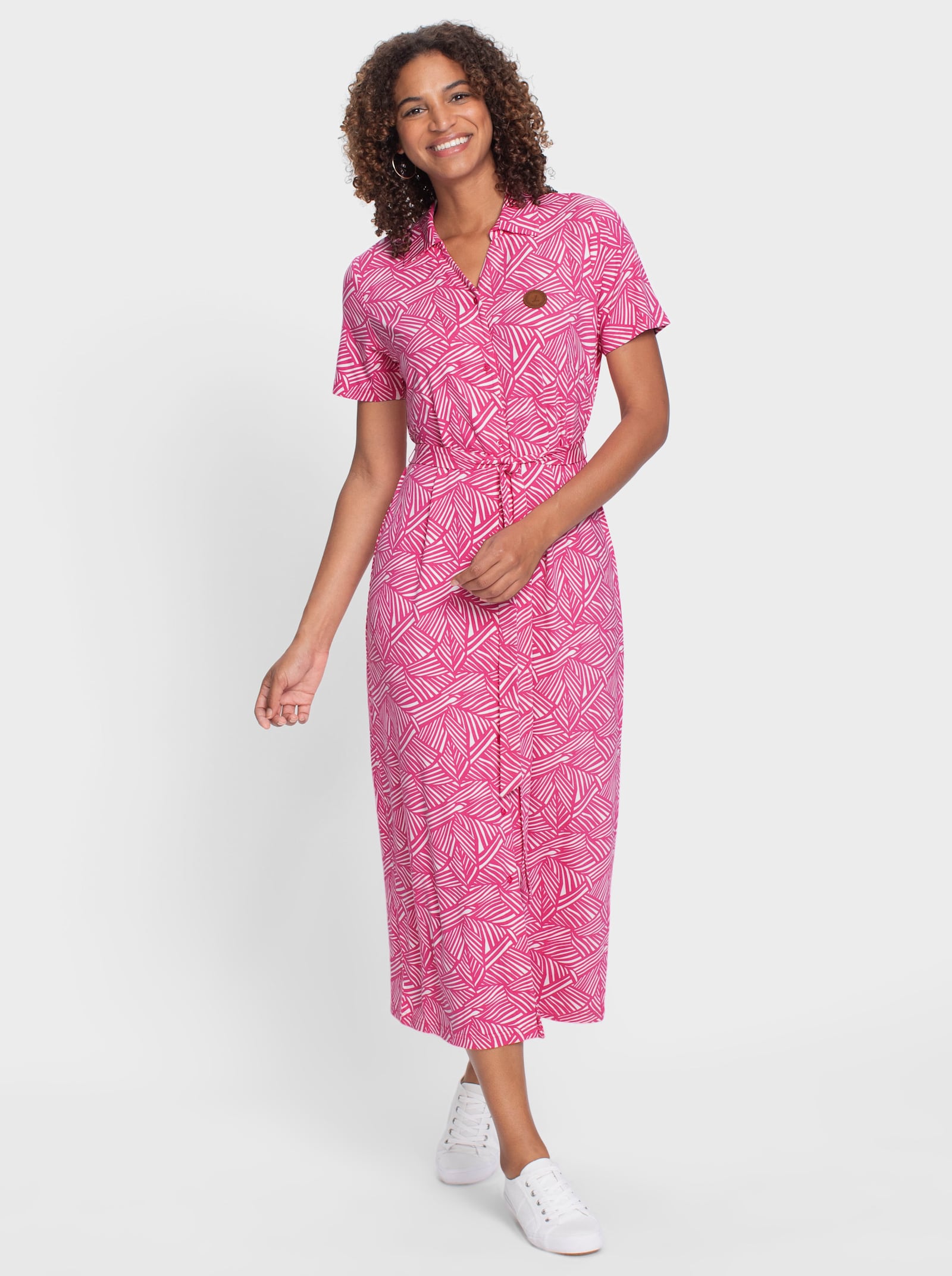 Jerseyjurk met bindceintuur - fuchsia/wit bedrukt