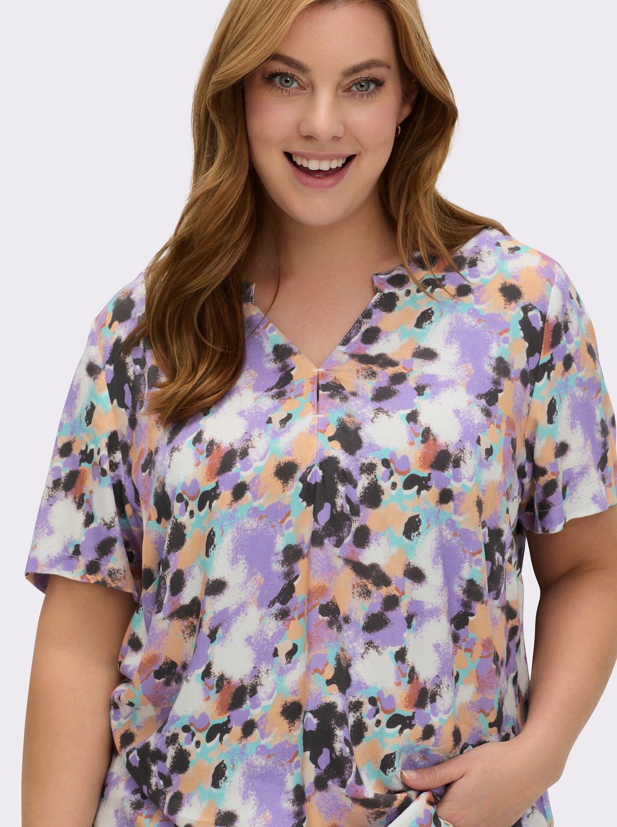 Druckbluse - apricot-lavendel-bedruckt