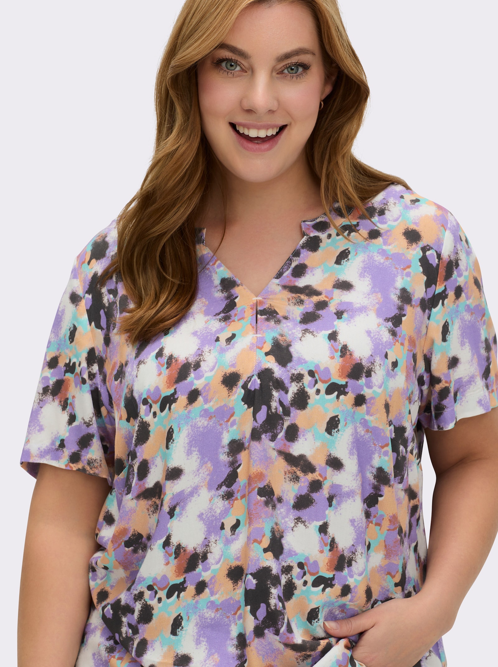 Druckbluse in gewebter Qualität - apricot-lavendel-bedruckt