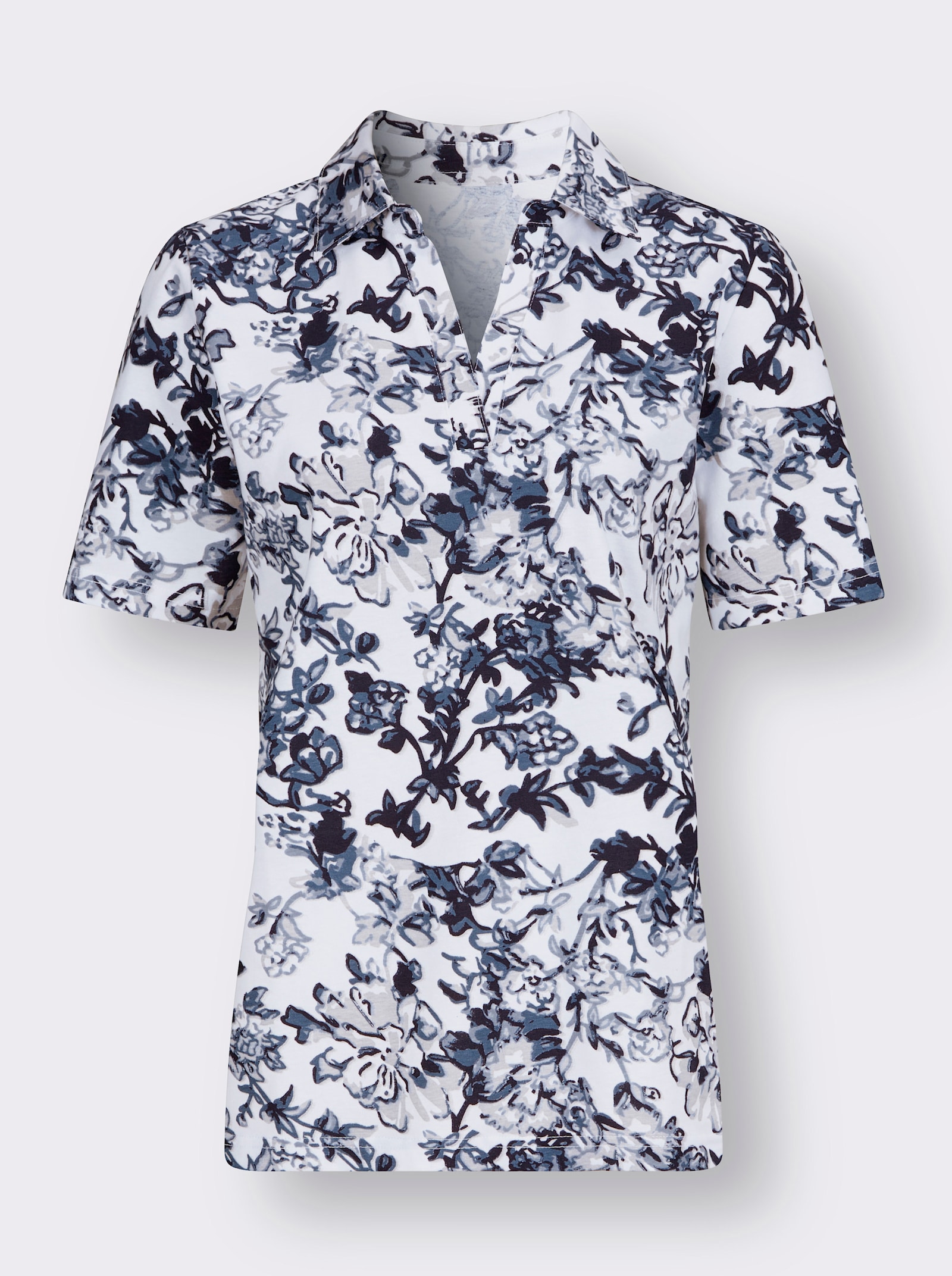 Poloshirt im Blüten-Dessin - weiß-marine-bedruckt