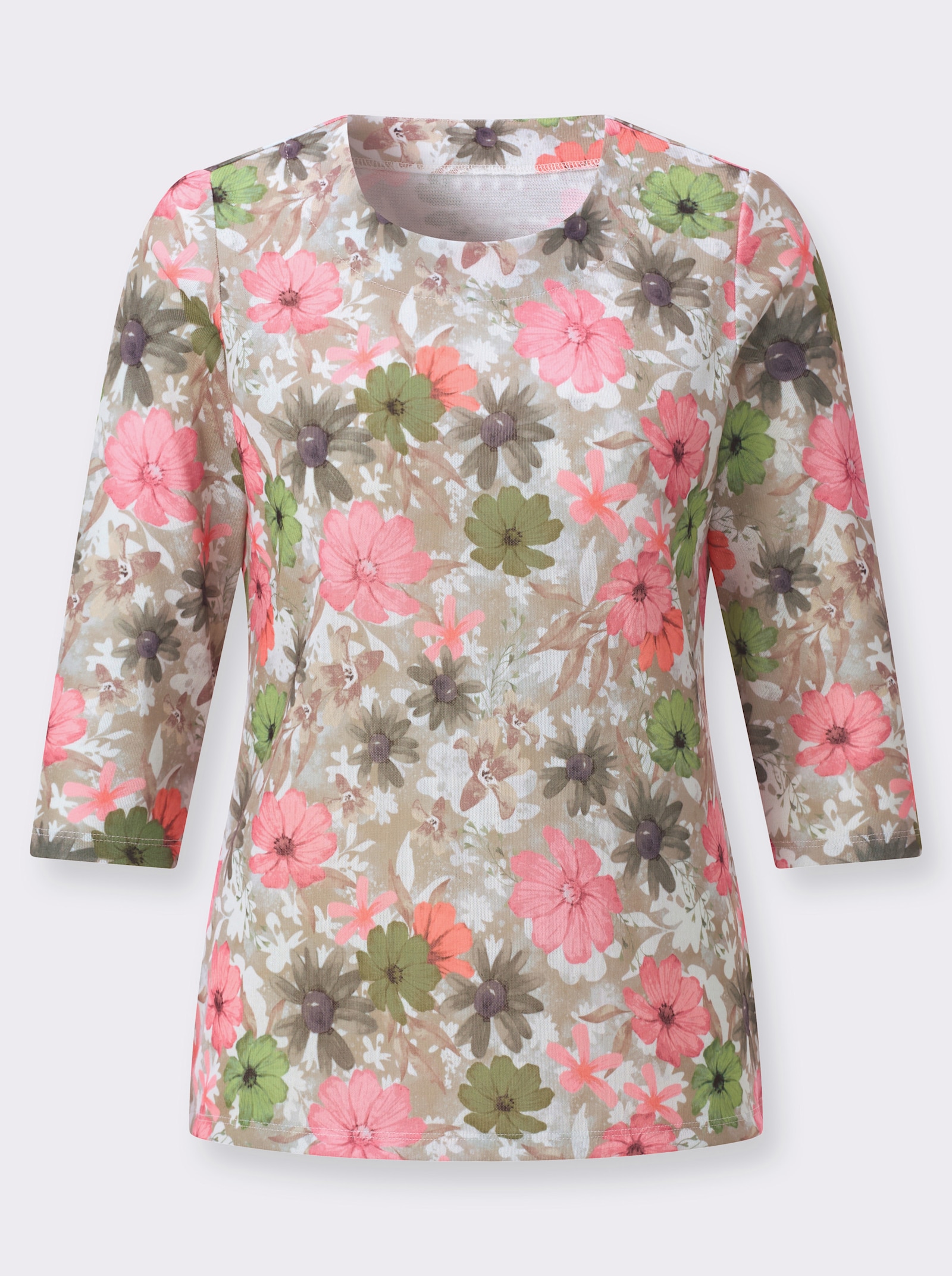Rundhalsshirt mit 3/4-Ärmeln - schlamm-hortensie-bedruckt
