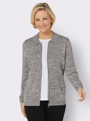 Strickjacke mit Polokragen - grau-ecru-meliert