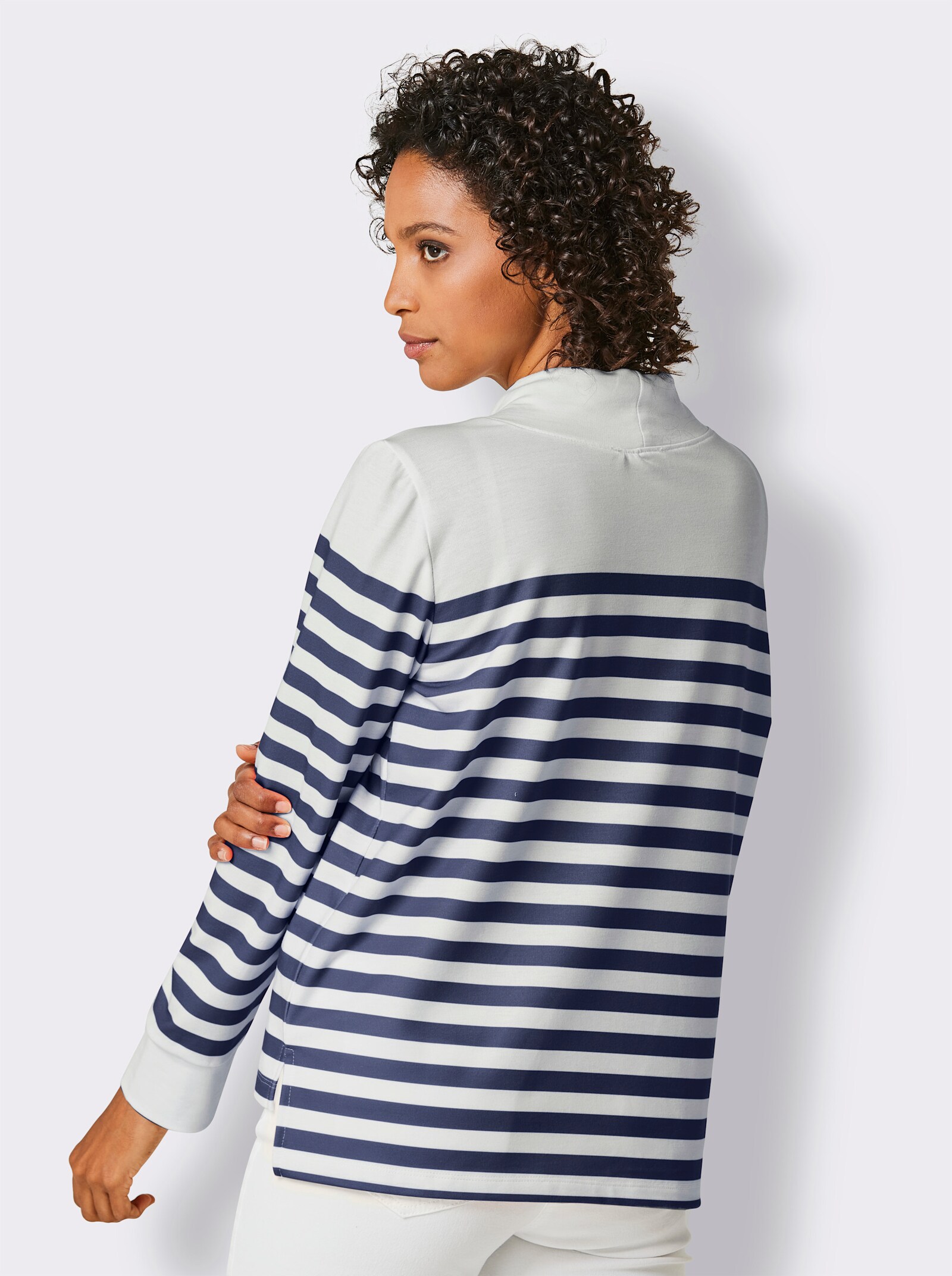 CREATION L PREMIUM Sweatshirt mit verlängertem Rückenteil - weiss-marine-geringelt