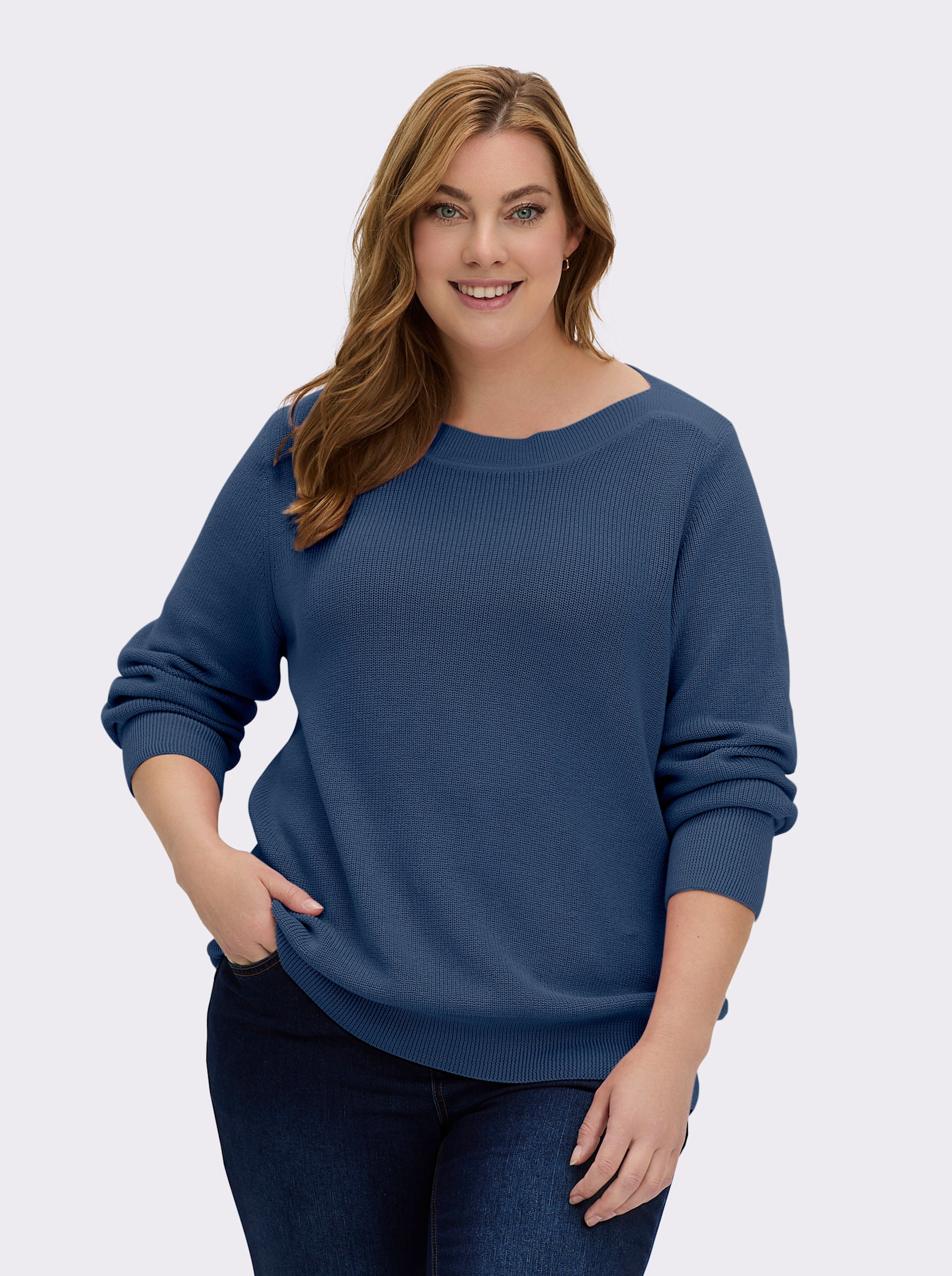 Strickpullover in Ripp-Optik - jeansblau