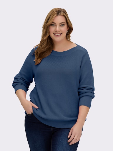 Strickpullover in Ripp-Optik - jeansblau