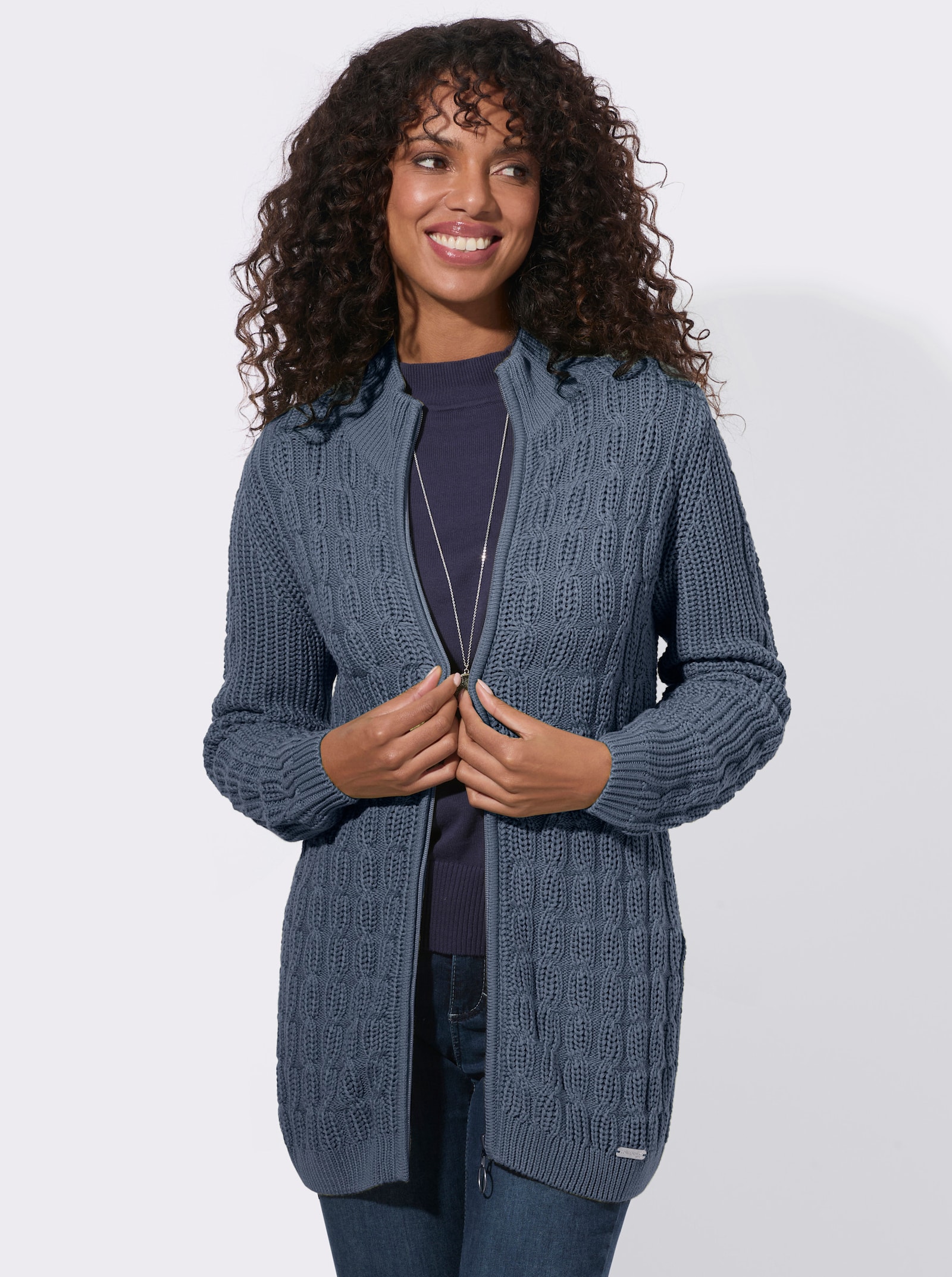  Longstrickjacke mit Zopfmuster - rauchblau