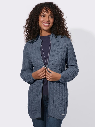 Longstrickjacke mit Zopfmuster - rauchblau