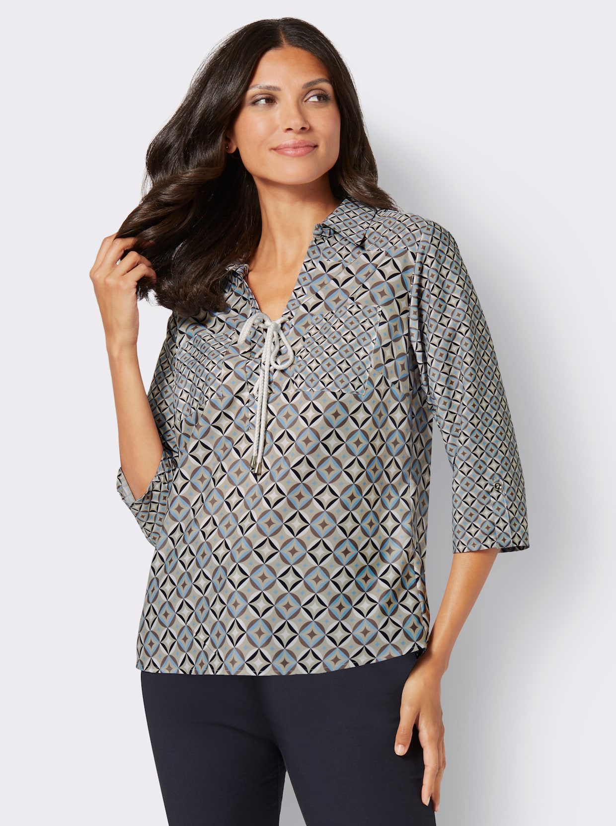 Blouse met print - donkertaupe/marine bedrukt