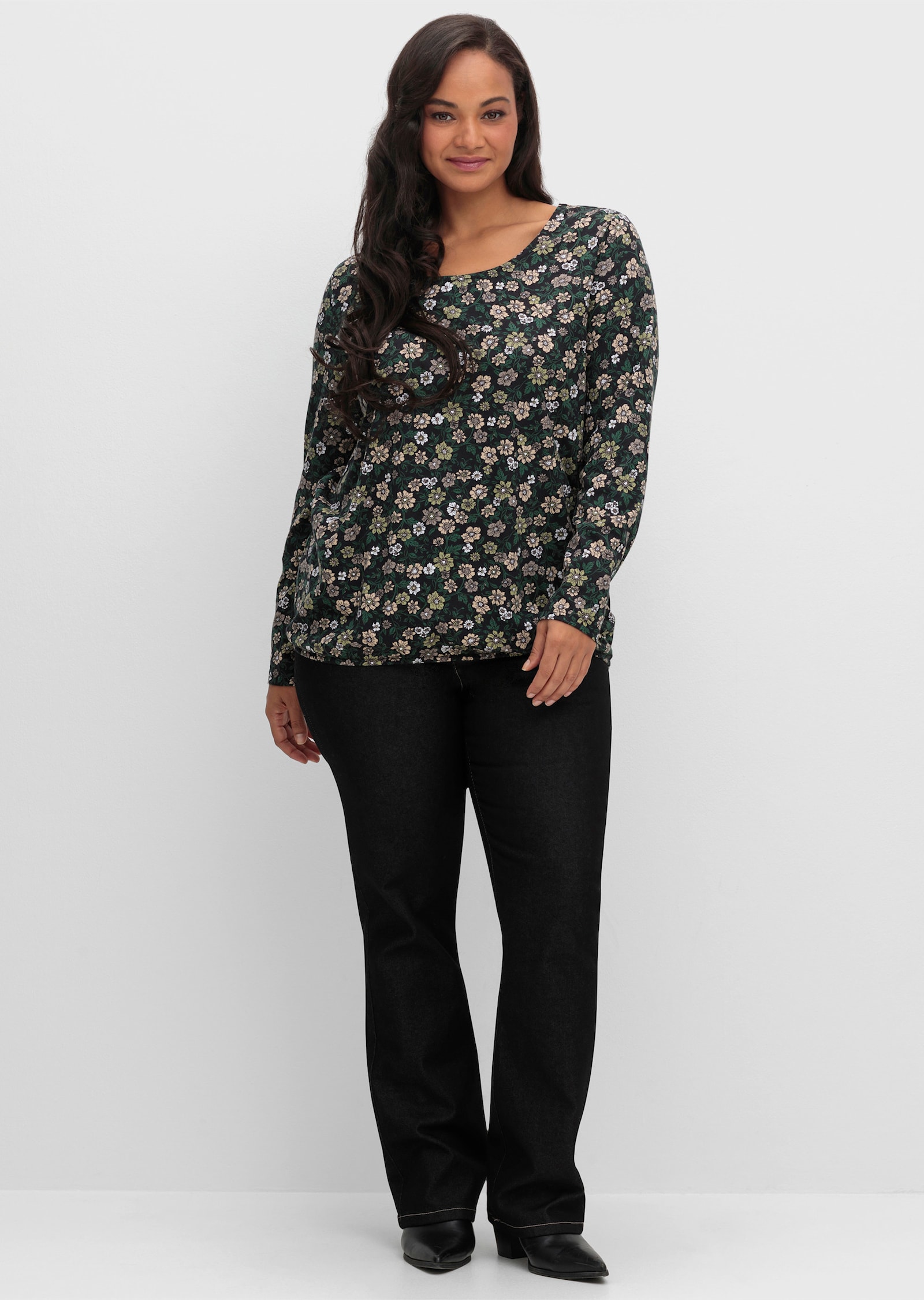 Langarmshirt im Blumen-Dessin - schwarz-schilf-bedruckt