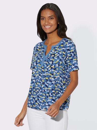 Kurzarmshirt mit offenem V - mittelblau-limone-bedruckt