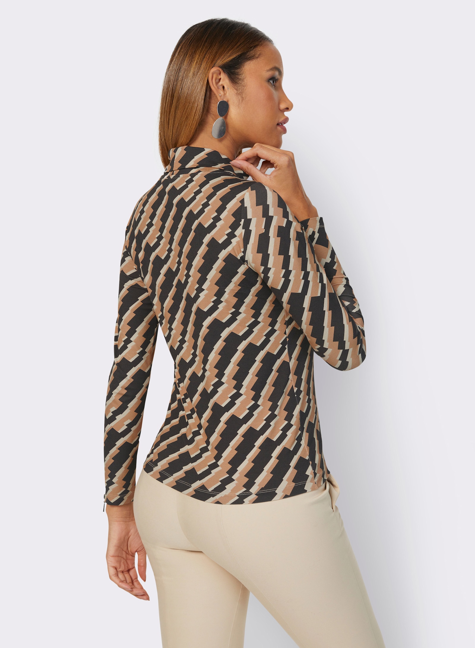 Rollkragenshirt mit Zipper am Ärmel - graphit-camel-gemustert