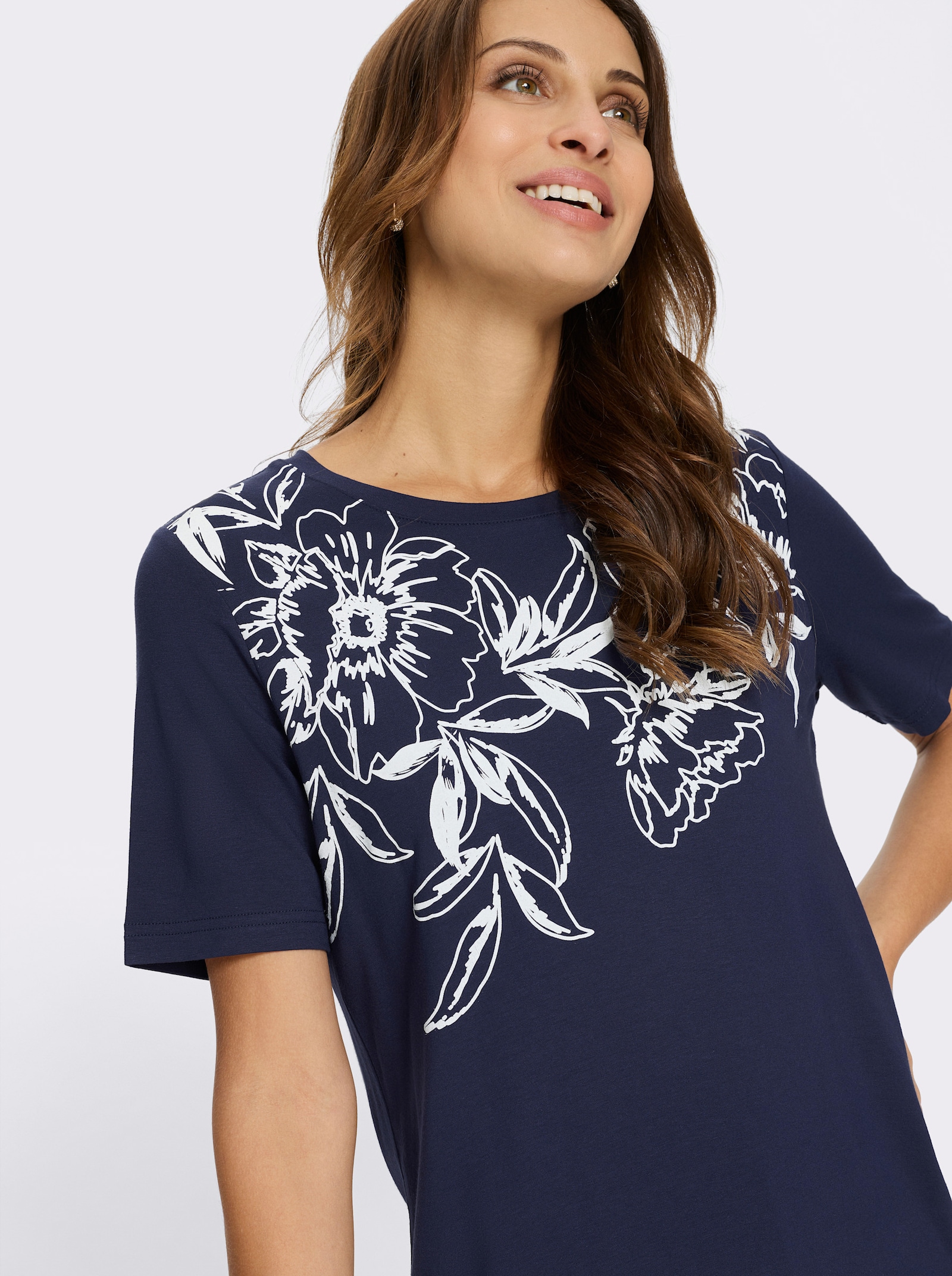 Kortärmad topp med blomtryck - marin-vit, tryckt
