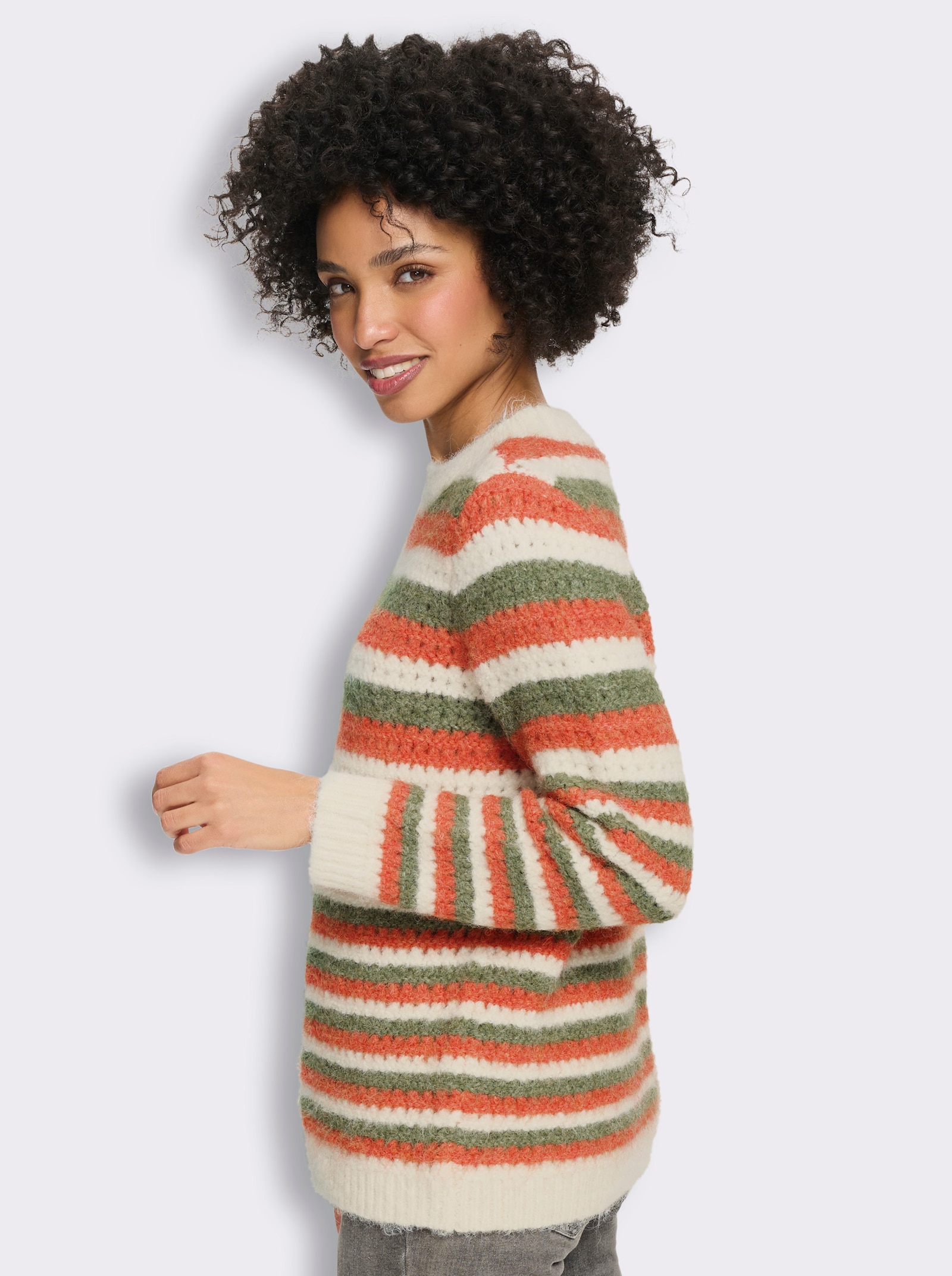 heine Ajourpullover mit Streifen - champagner-khaki-gemustert