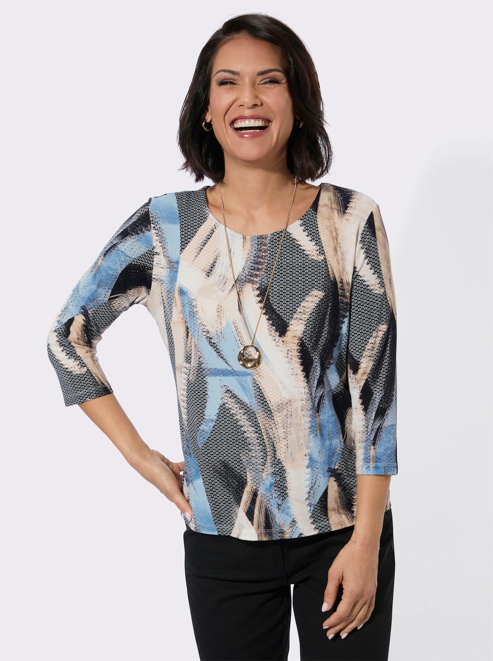 Rundhalsshirt mit Allover-Druck - mittelblau-camel-bedruckt