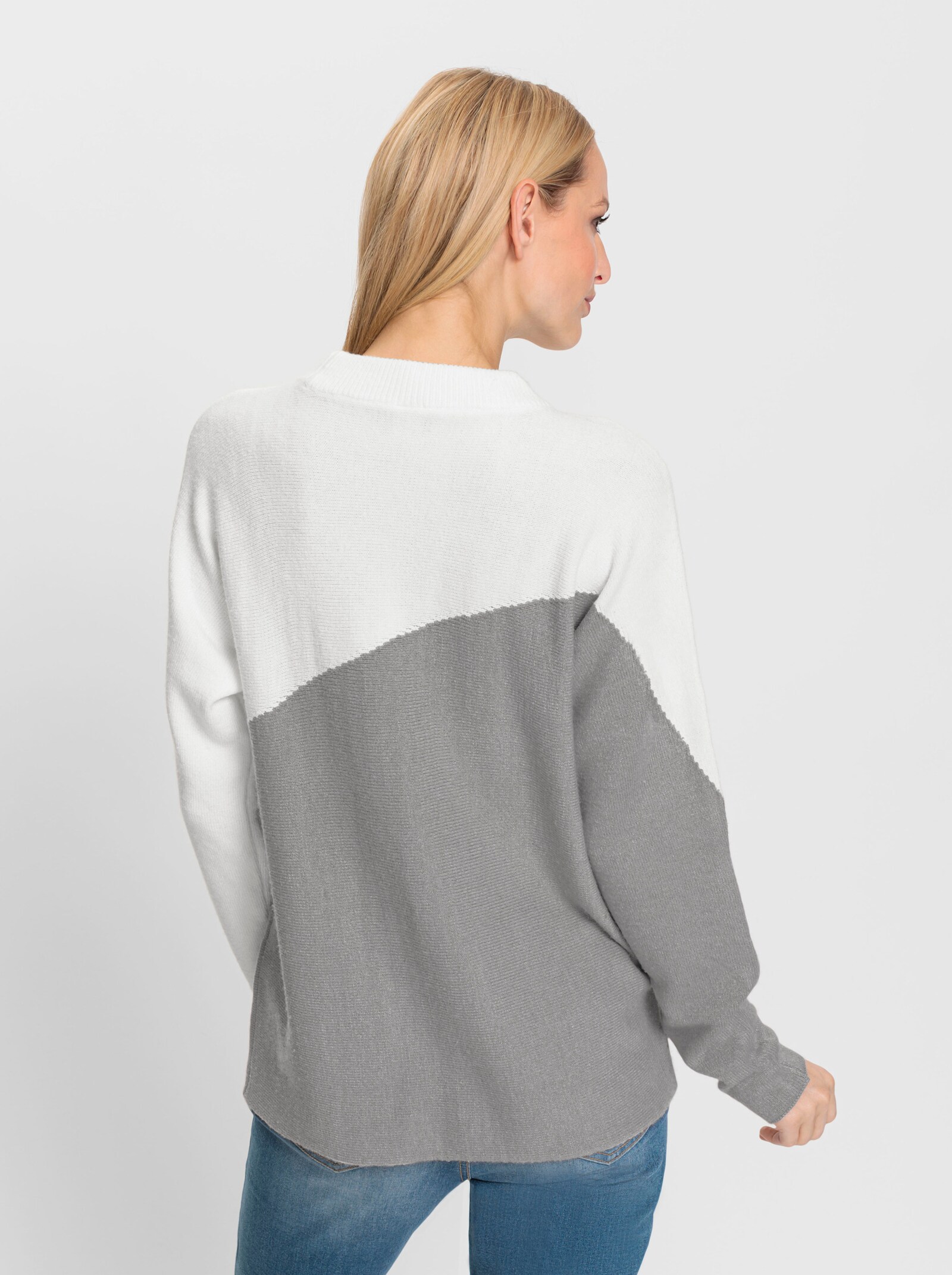 heine Stehkragenpullover im asymmetrischen Dessin - steingrau-ecru-gemustert