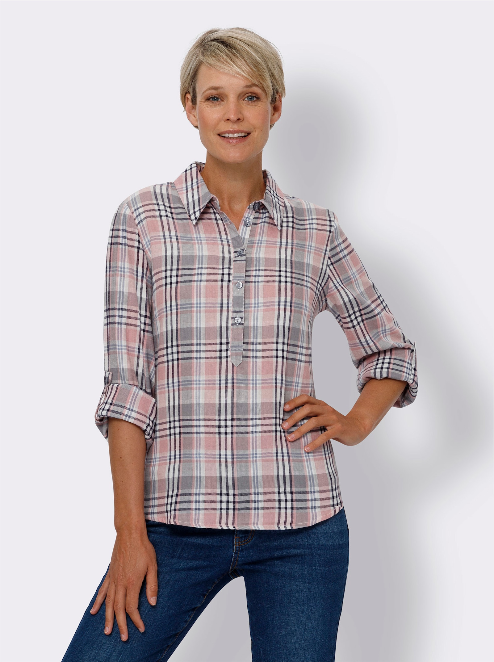 Kostkovaná halenka z měkkého flanelu - růženínová-ecru-kostka