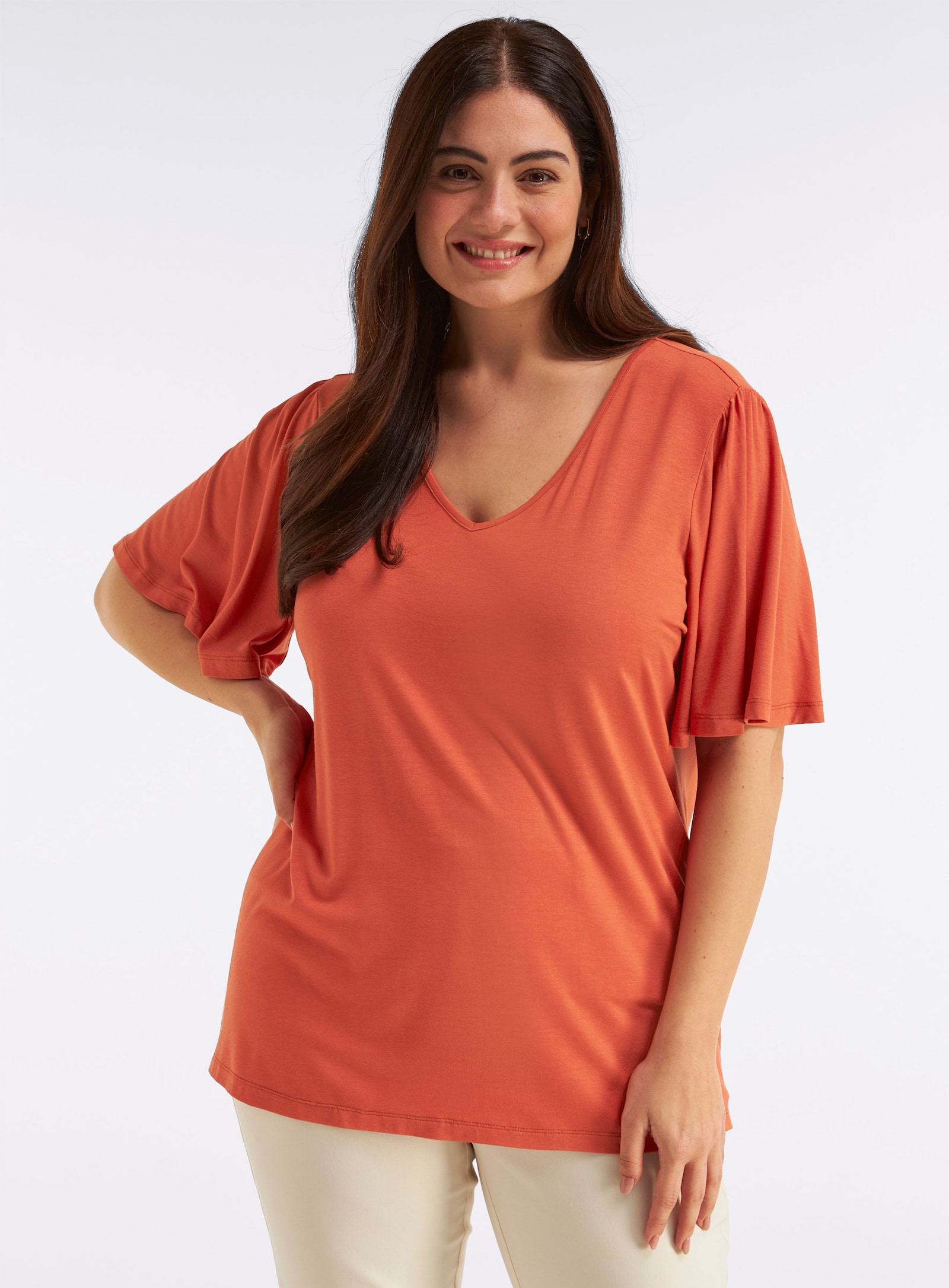 sheego V-Shirt mit Flügelärmeln und Bindeband im Nacken - terra