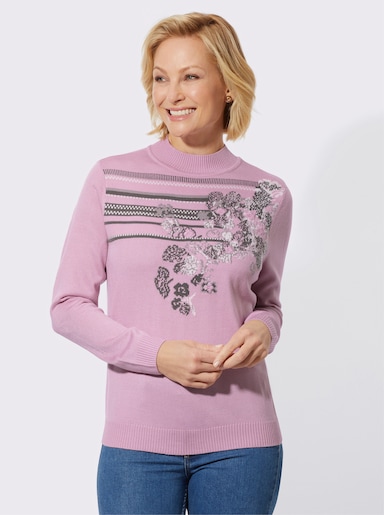 Stehkragenpullover mit Intarsien-Muster, floral - rosé