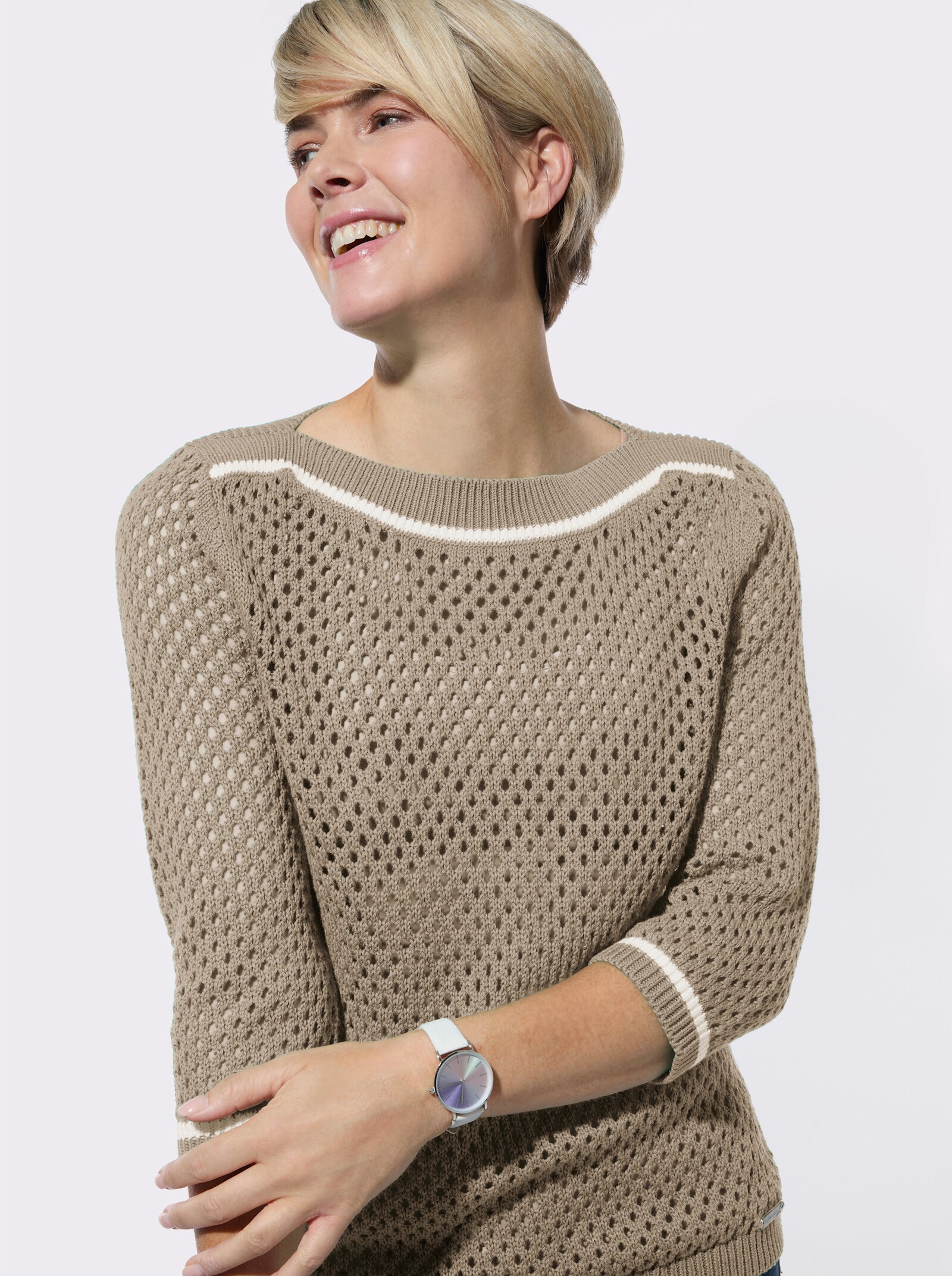 3/4-Arm-Pullover mit Ajourstrickmuster - sesam