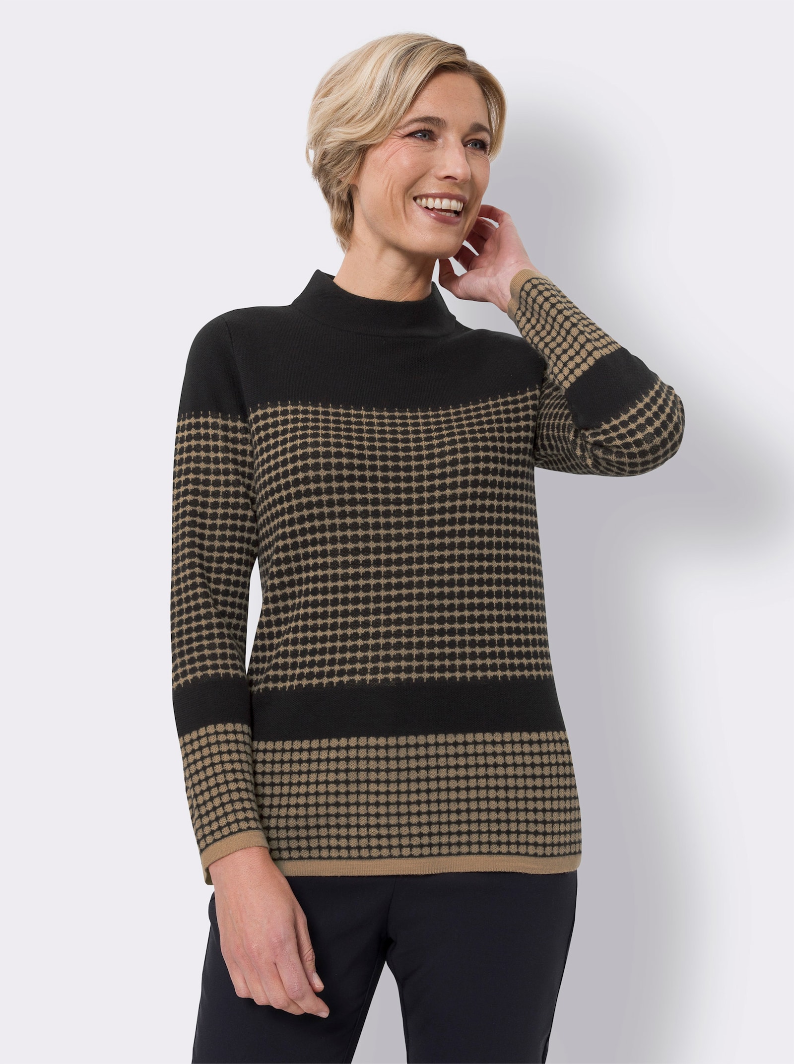 Žakárový svetr dvoubarevného vzhledu - velbloudí-černá-vzor