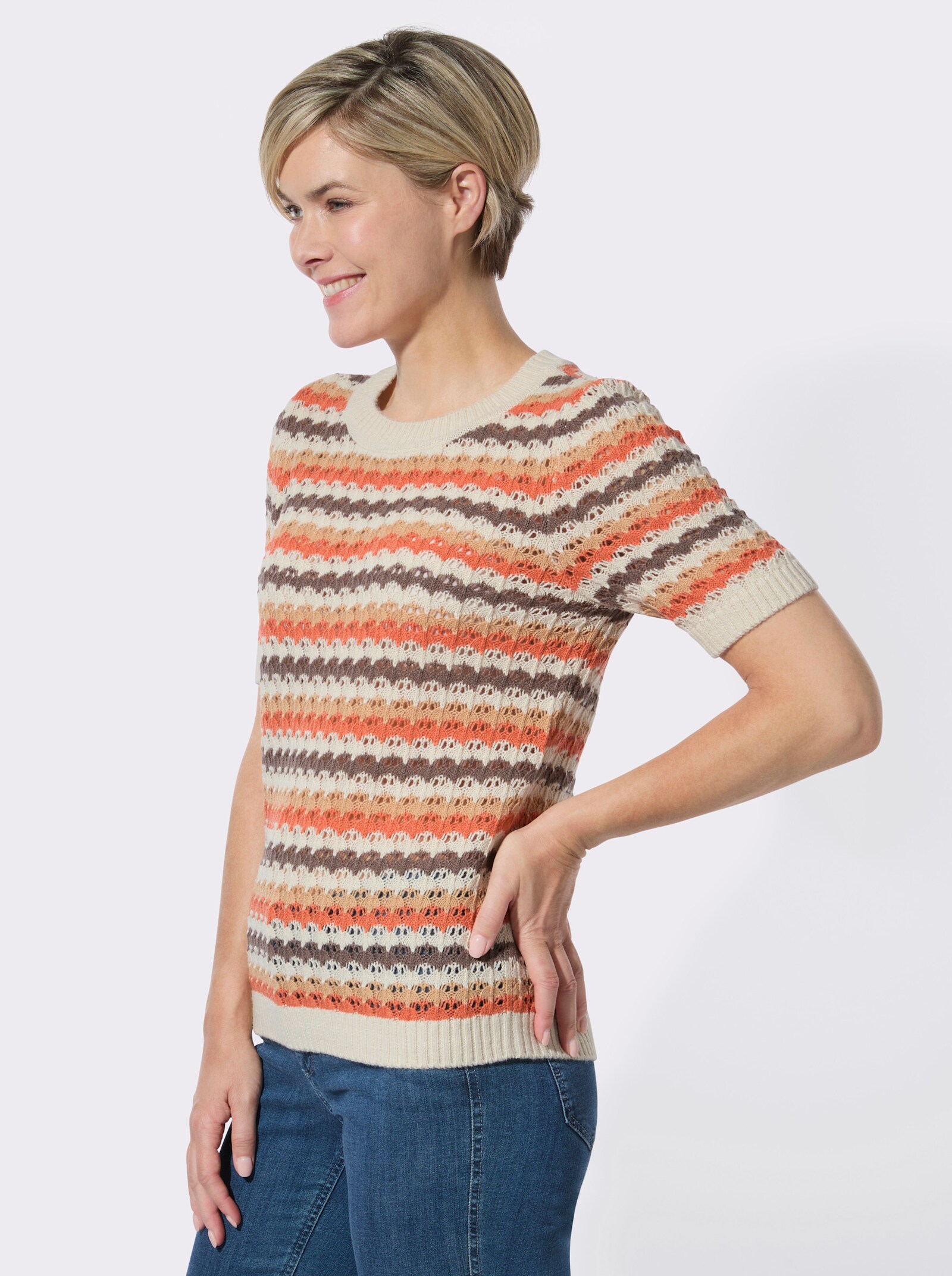 Ajourpullover mit Ringel-Muster - sand-dunkeltaupe-geringelt