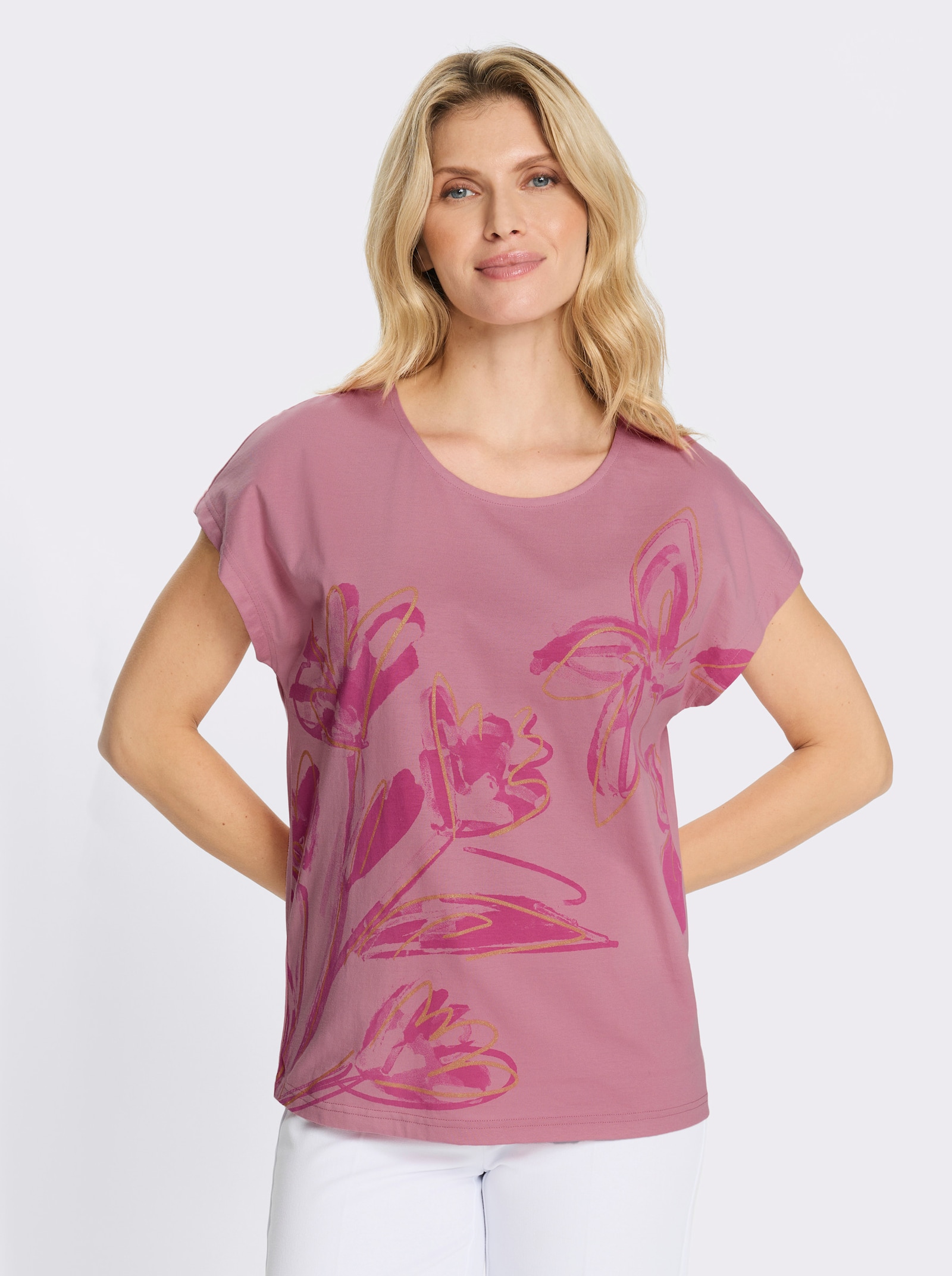 Rundhalsshirt mit überschnittenen Schultern - altrosa-fuchsia-bedruckt
