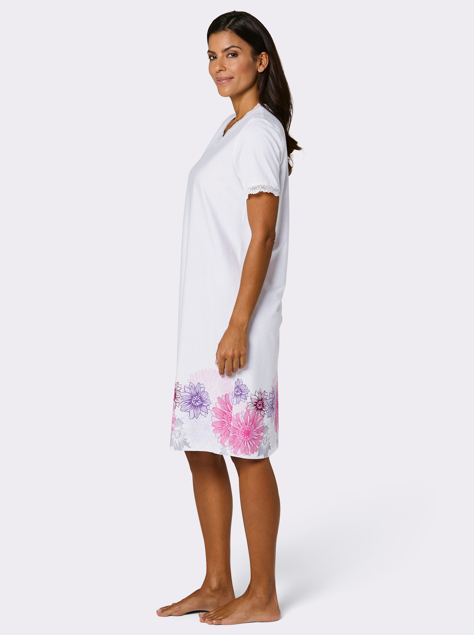 wäschepur Kurzarm-Sleepshirt mit Blumenbordüre - weiß-fuchsia-bedruckt