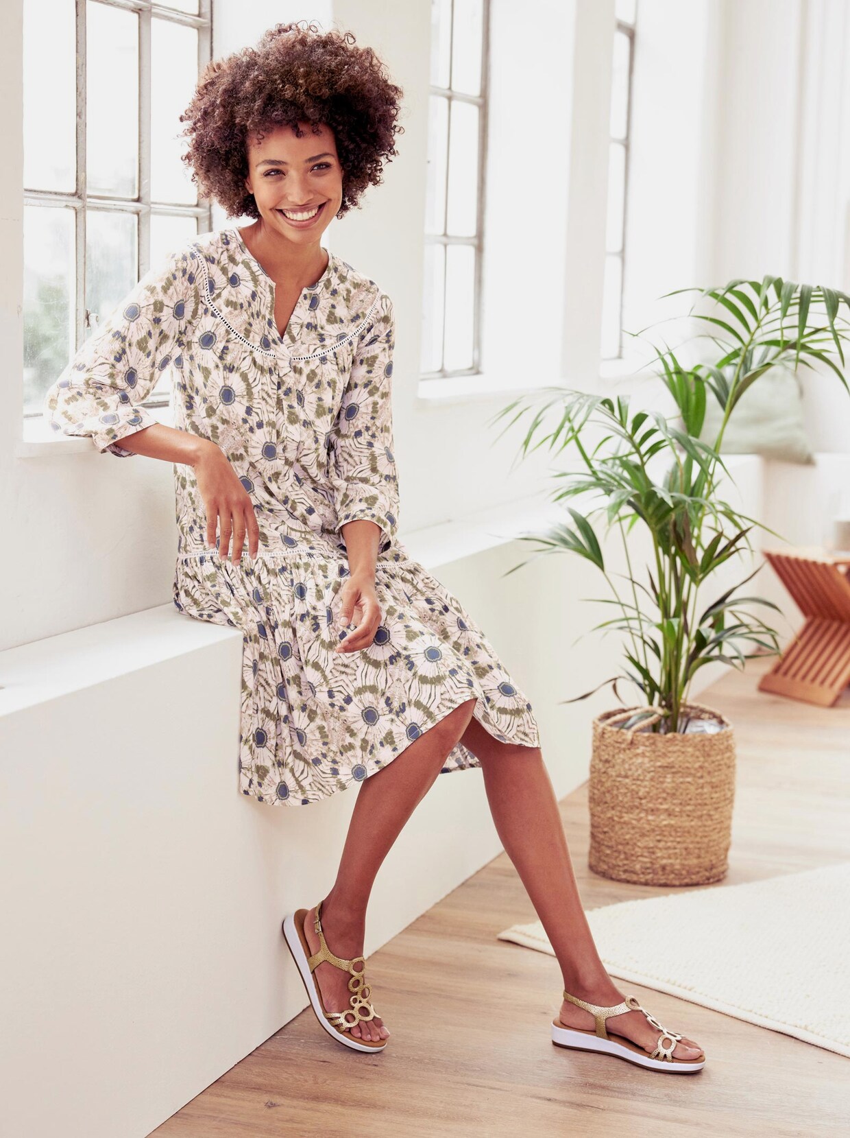 Linea Tesini Druck-Kleid - ecru-lindgrün-bedruckt